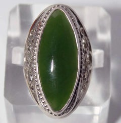 Green jade filigree ring, nephtite gemstone ring