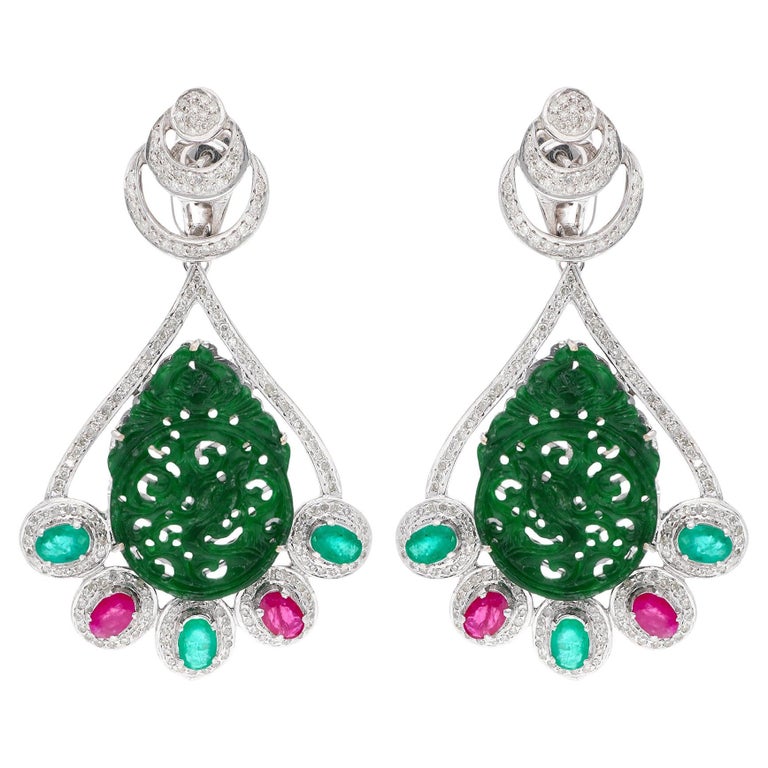 Green Jade Gemstone Earrings Pave Diamond 18 Karat Gold Silver Handmade
