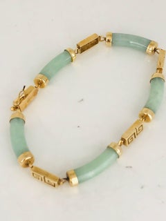 Green Jade, Greek Key Symbol, Yellow Gold Link Bracelet