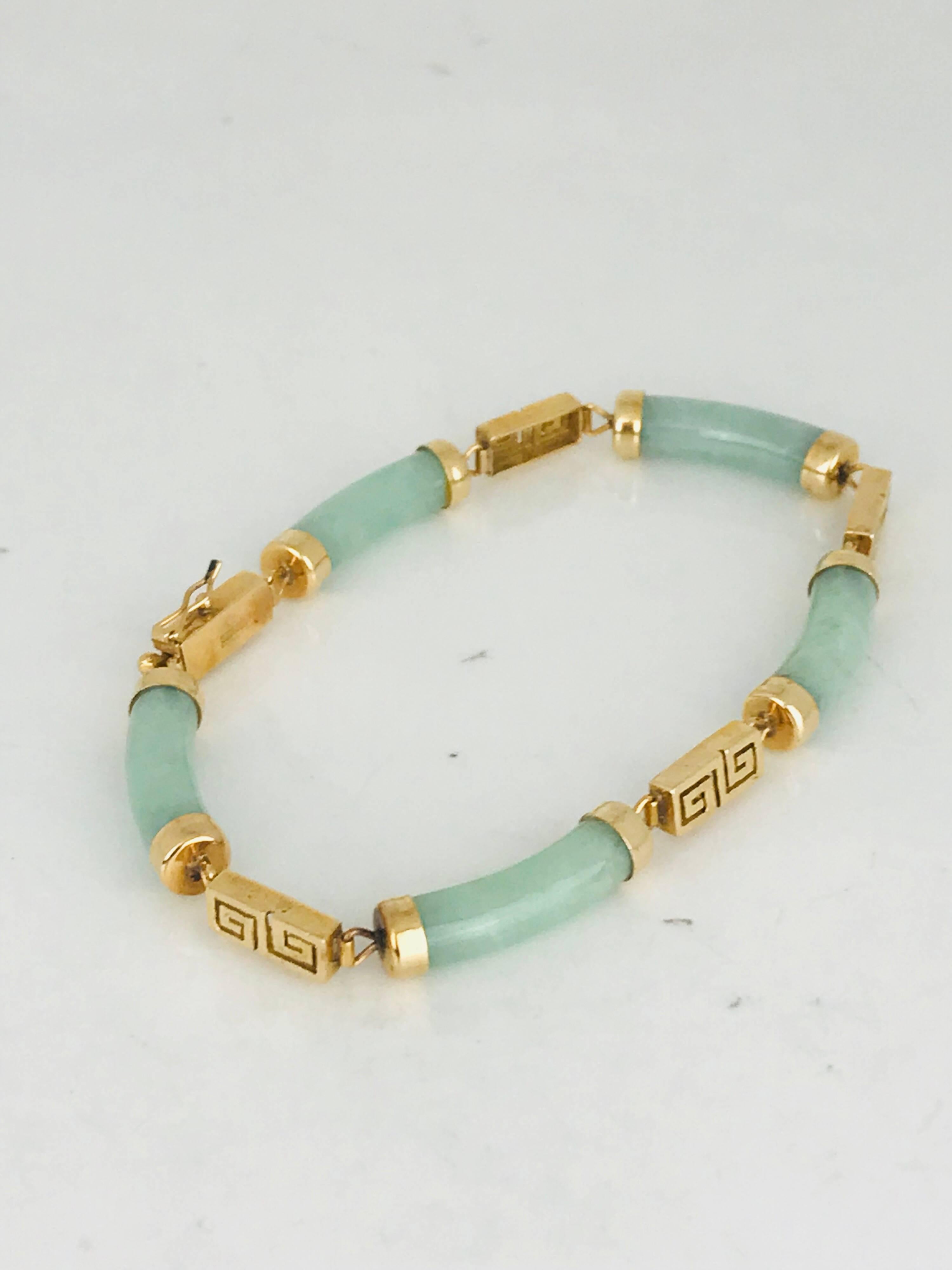 Greek Revival Green Jade, Greek Key Symbol, Yellow Gold Link Bracelet For Sale