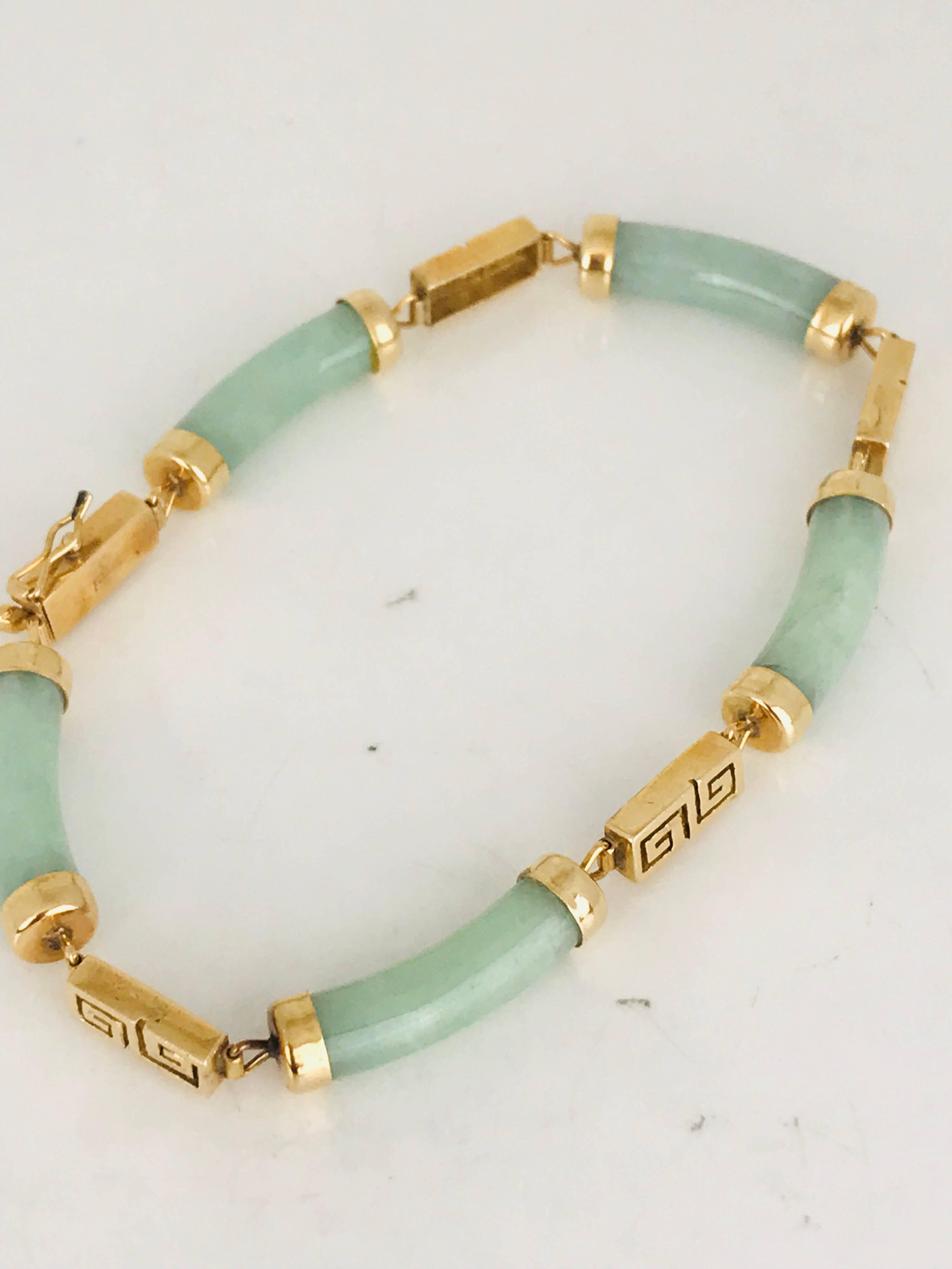 Green Jade, Greek Key Symbol, Yellow Gold Link Bracelet In Excellent Condition For Sale In Aliso Viejo, CA