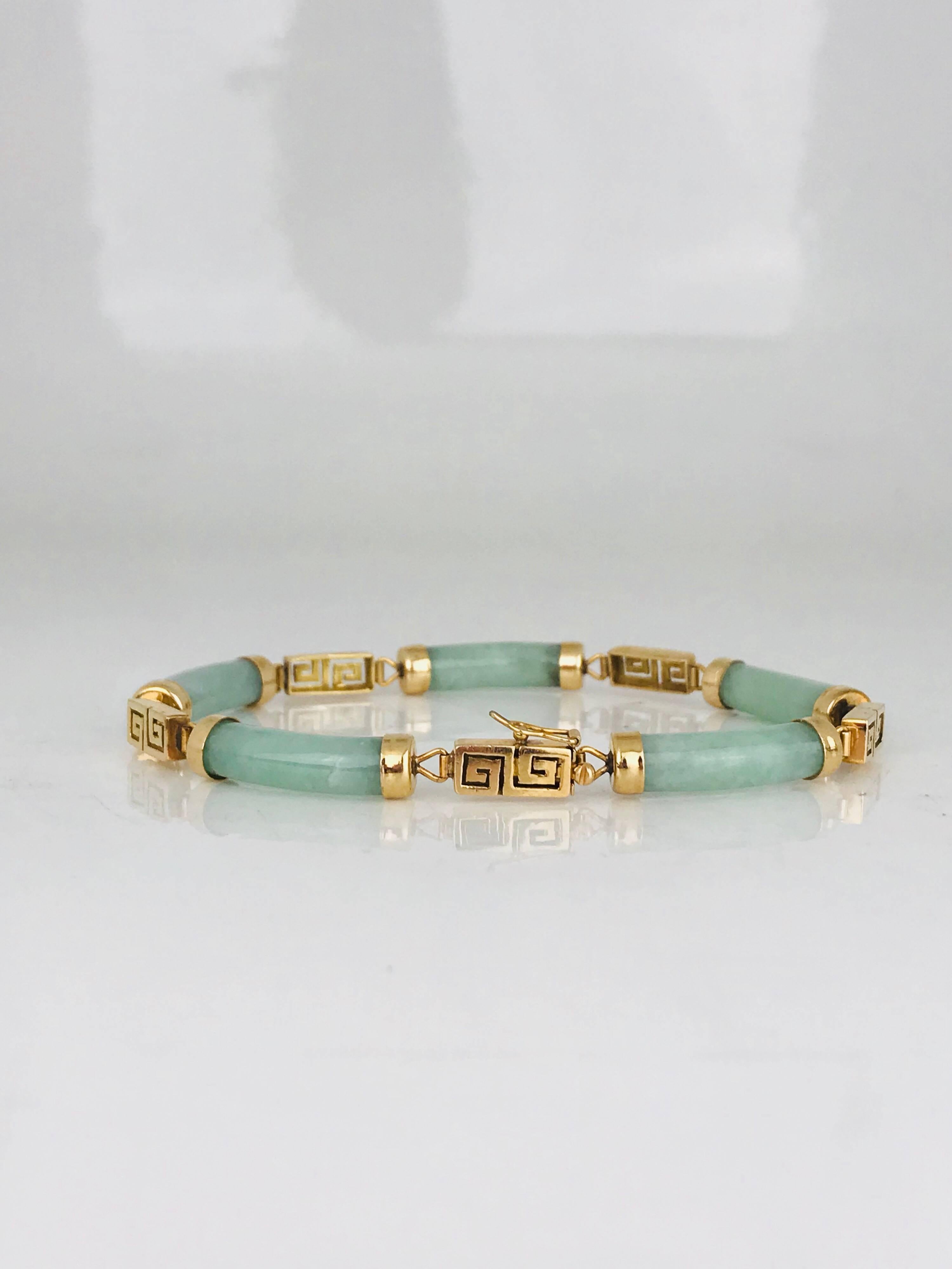 Women's or Men's Green Jade, Greek Key Symbol, Yellow Gold Link Bracelet For Sale