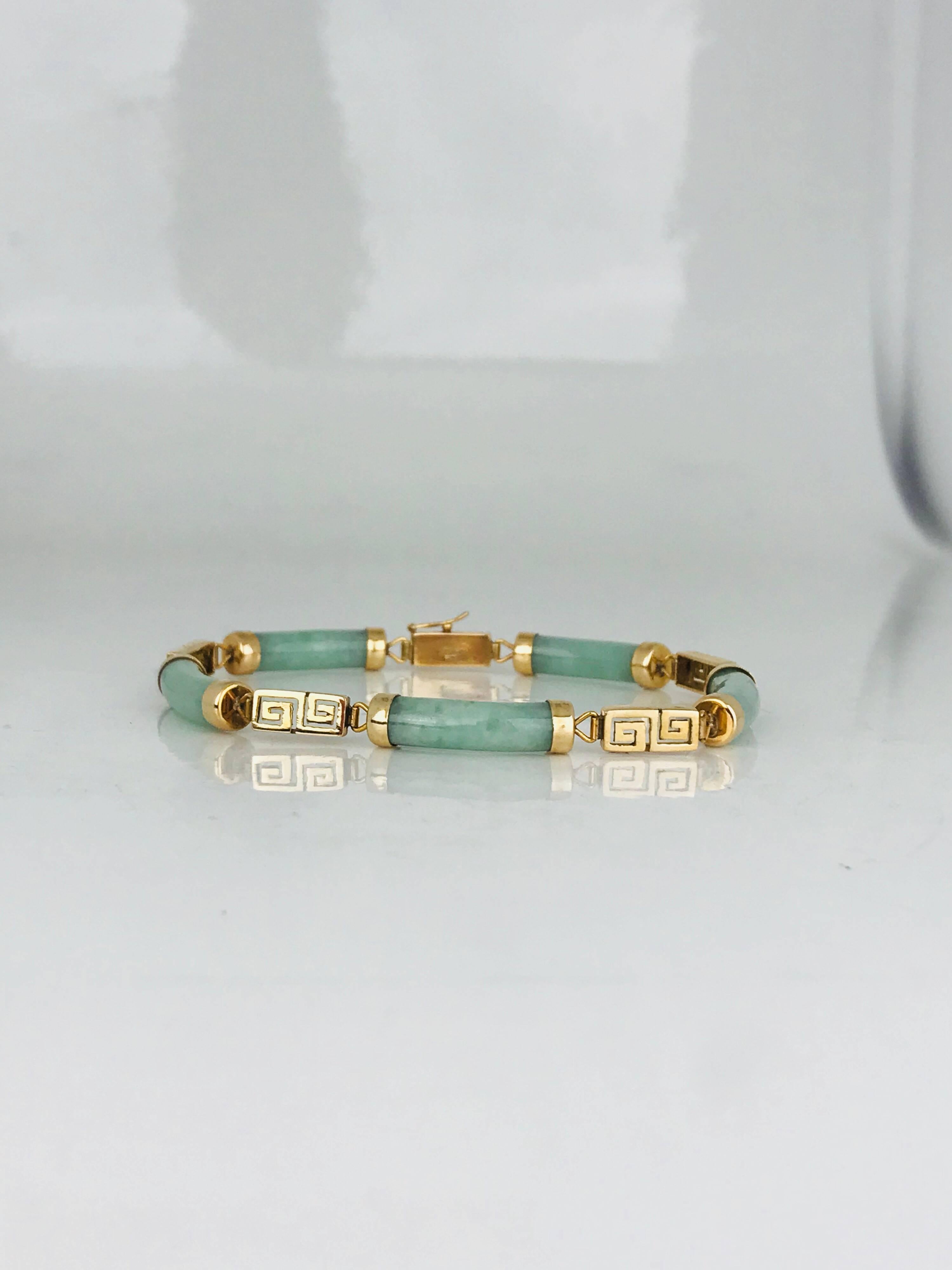 Green Jade, Greek Key Symbol, Yellow Gold Link Bracelet For Sale 1