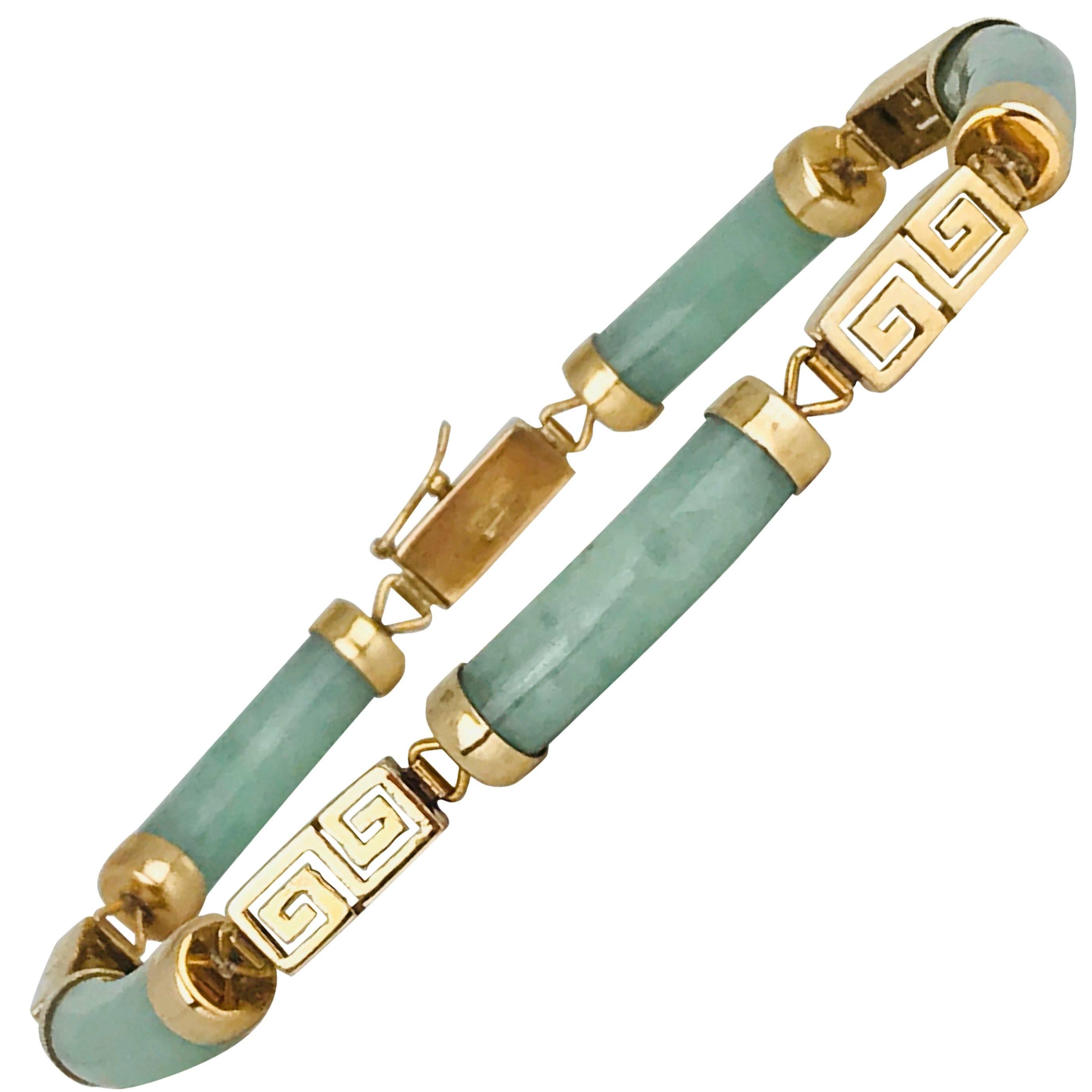 Green Jade, Greek Key Symbol, Yellow Gold Link Bracelet For Sale