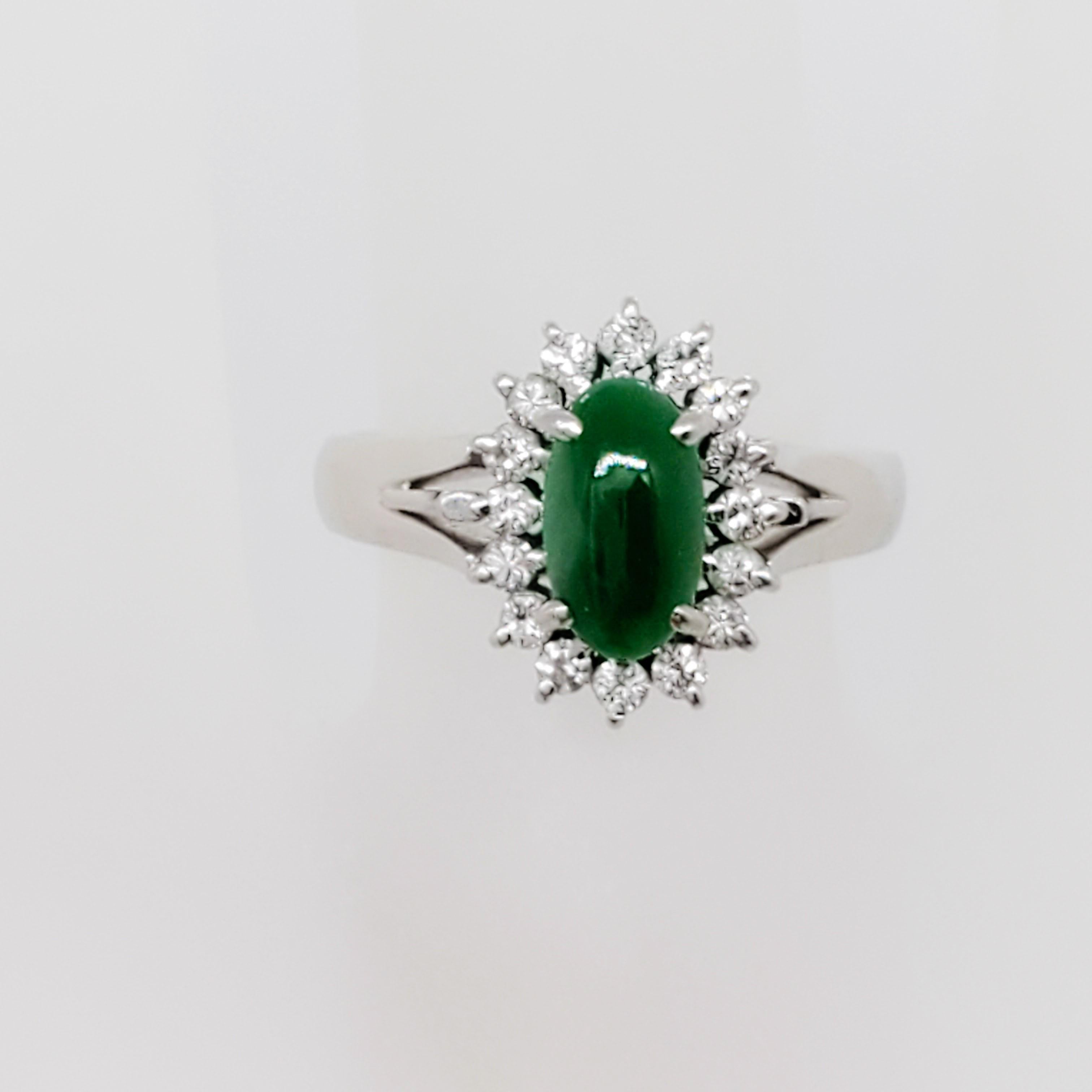 Women's or Men's Green Jade Oval Cabochon and White Diamond Cluster Ring in Platinum