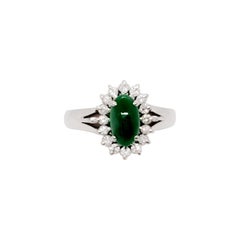 Green Jade Oval Cabochon and White Diamond Cluster Ring in Platinum