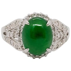 Green Jade Oval Cabochon and White Diamond Cocktail Ring in Platinum