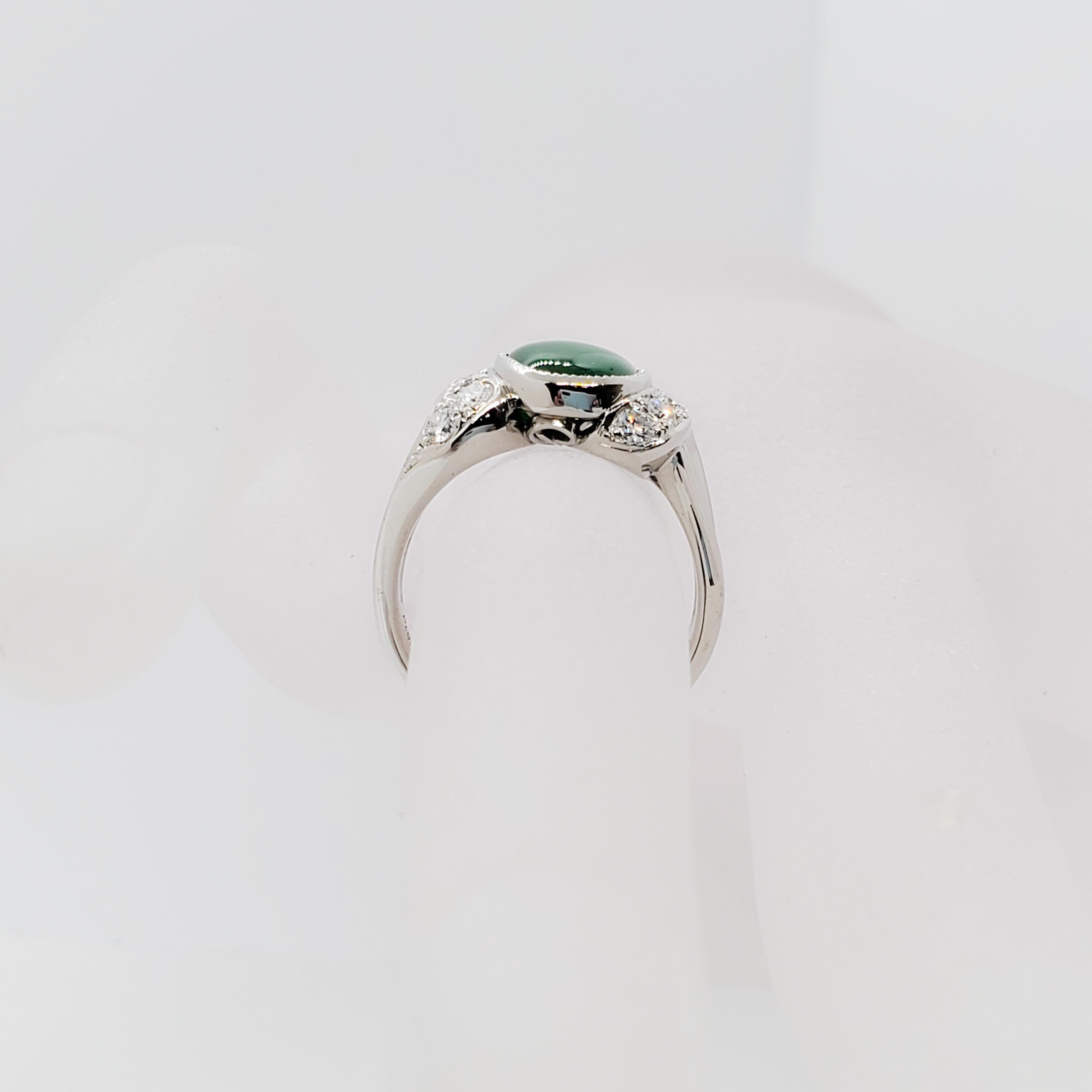 Green Jade Oval Cabochon and White Diamond Round Cocktail Ring in Platinum In Excellent Condition In Los Angeles, CA