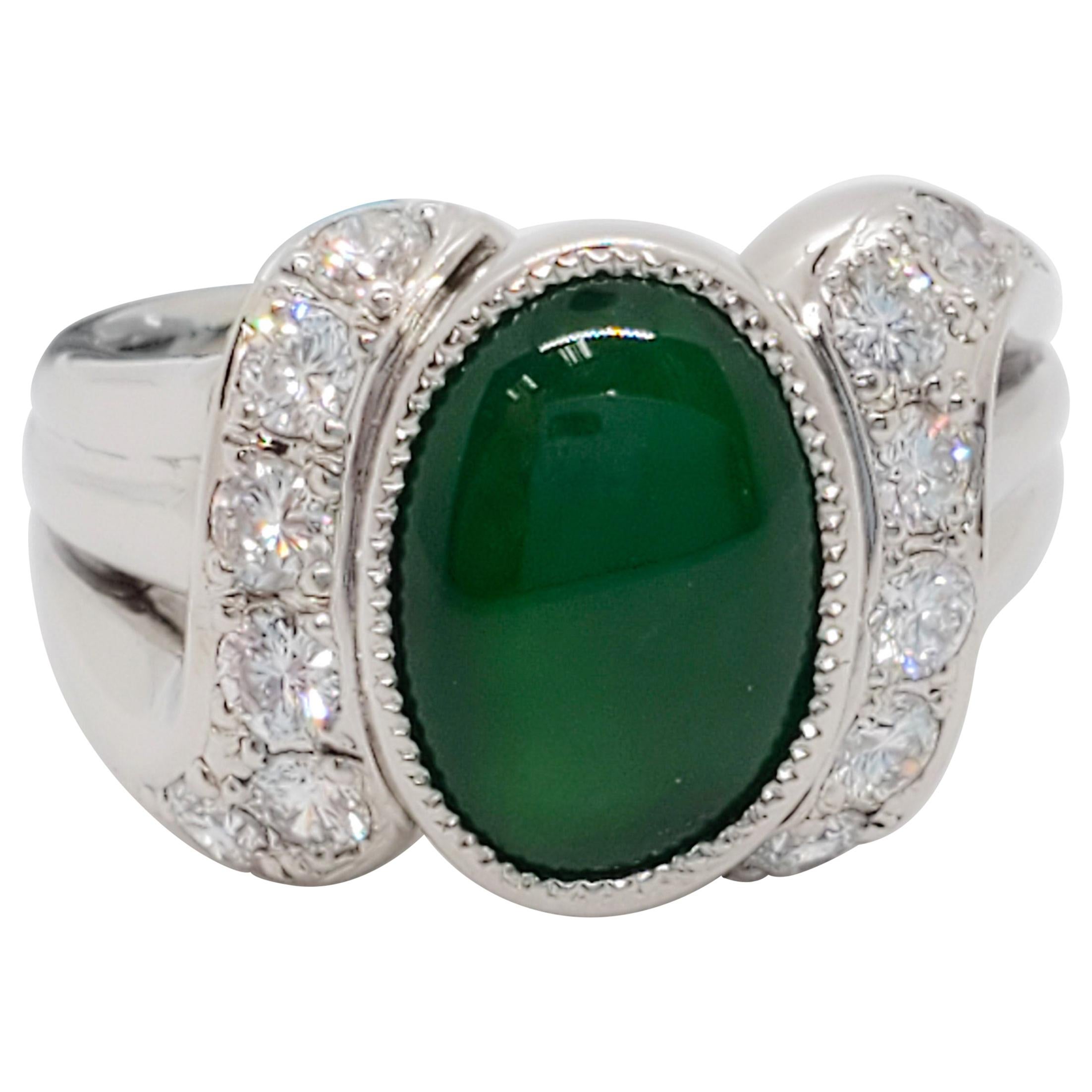 Green Jade Oval Cabochon and White Diamond Round Cocktail Ring in Platinum