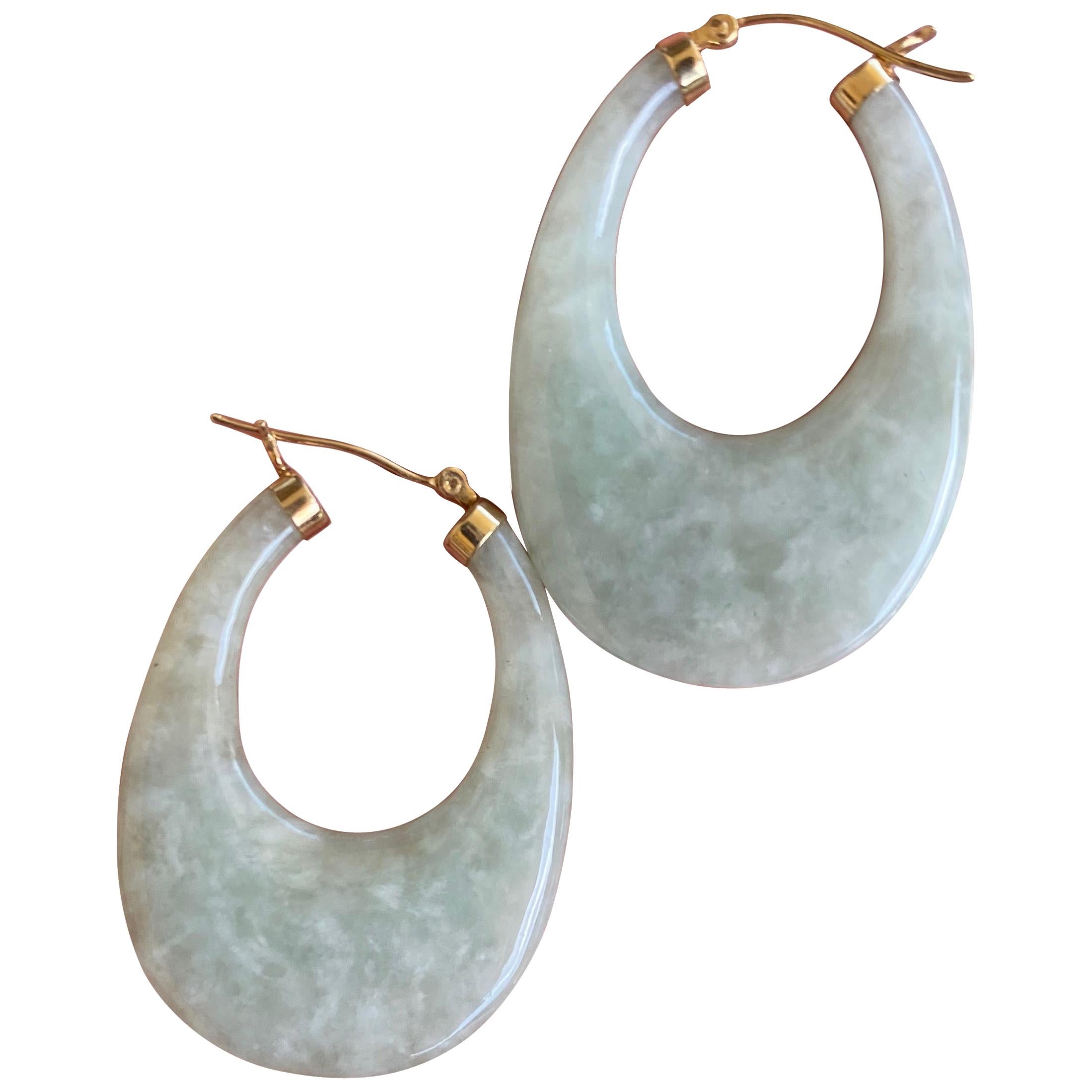 Green Jade Oval Shaped 14 Karat Gold Earrings