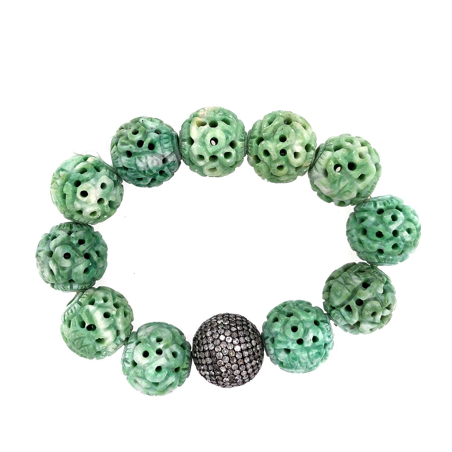 Grünes Jade & Pave Diamant Kugel Armband (Kunsthandwerker*in) im Angebot