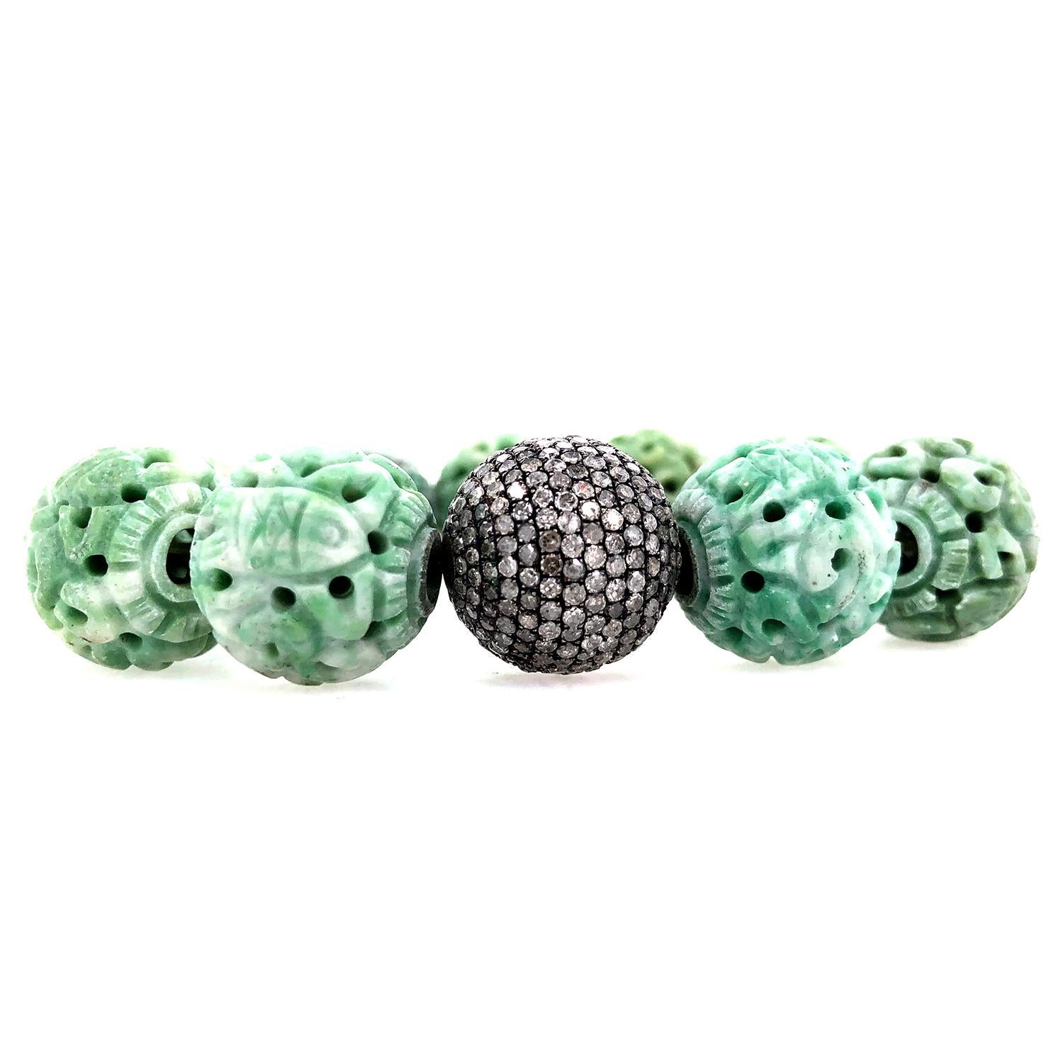 Mixed Cut Green Jade & Pave Diamond Ball Beads Bracelet For Sale