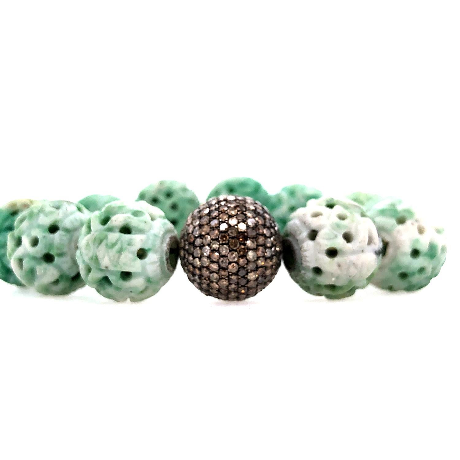 Artisan Green Jade & Pave Diamond Ball Beads Bracelet For Sale