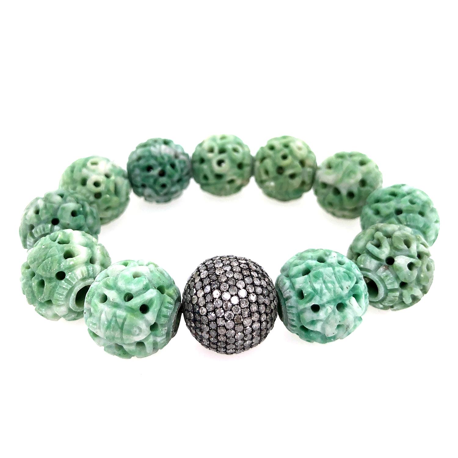 Green Jade & Pave Diamond Ball Beads Bracelet In New Condition For Sale In New York, NY
