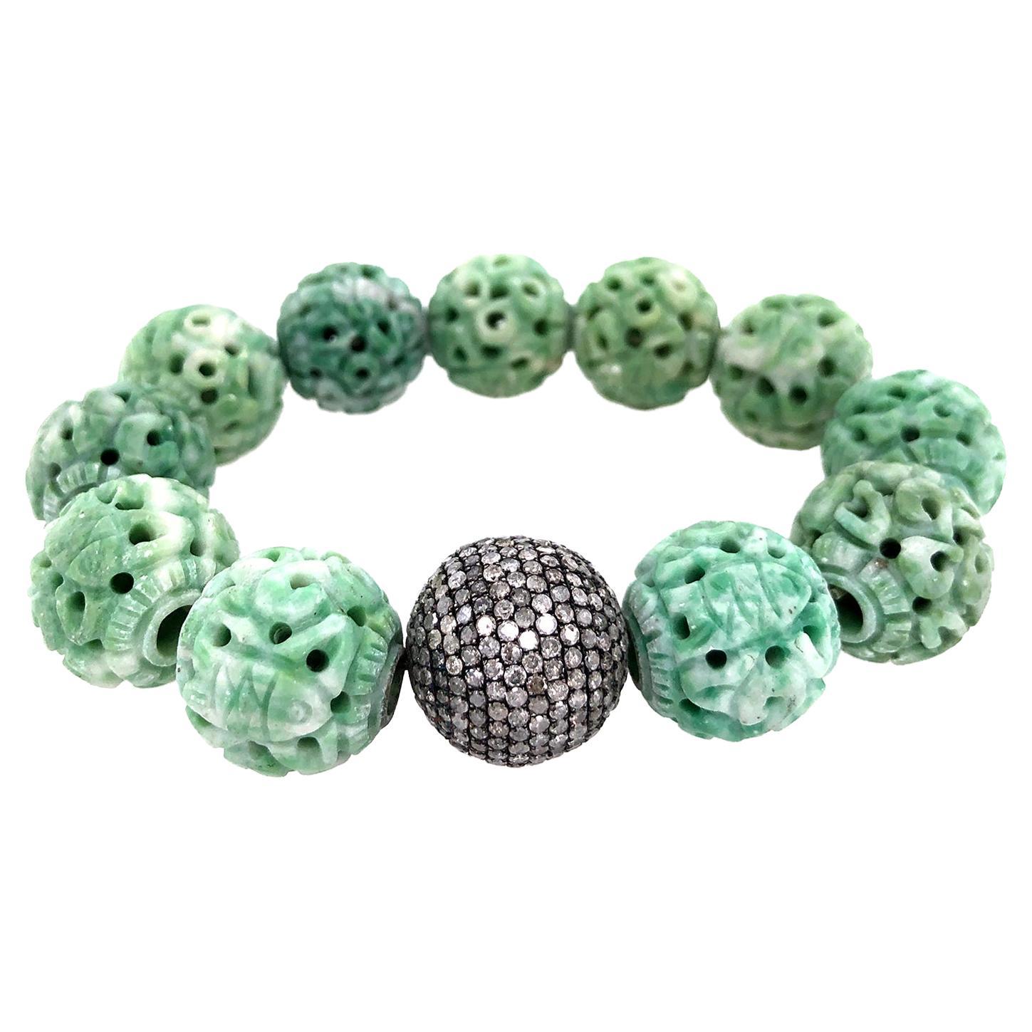 Green Jade & Pave Diamond Ball Beads Bracelet