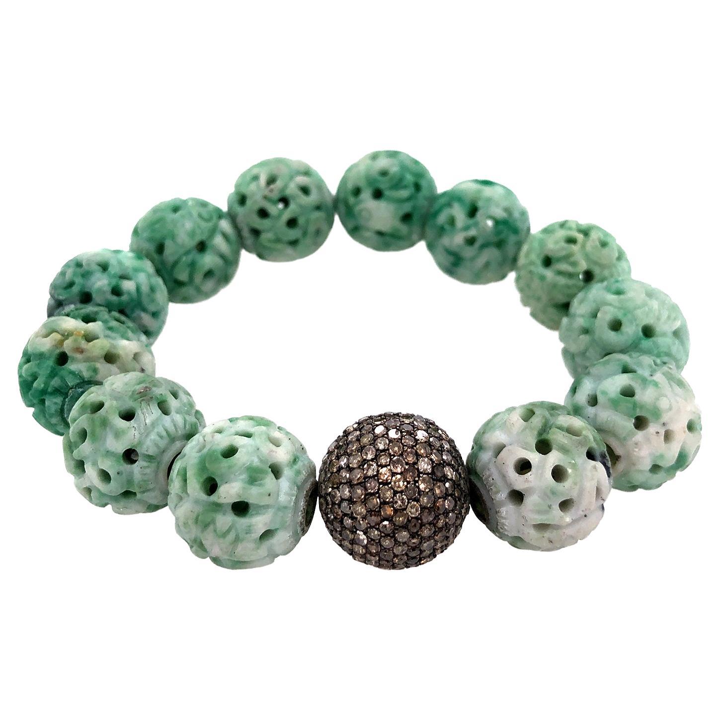 Green Jade & Pave Diamond Ball Beads Bracelet For Sale
