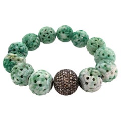 Bracelet de perles boule en jade vert et diamants pavés