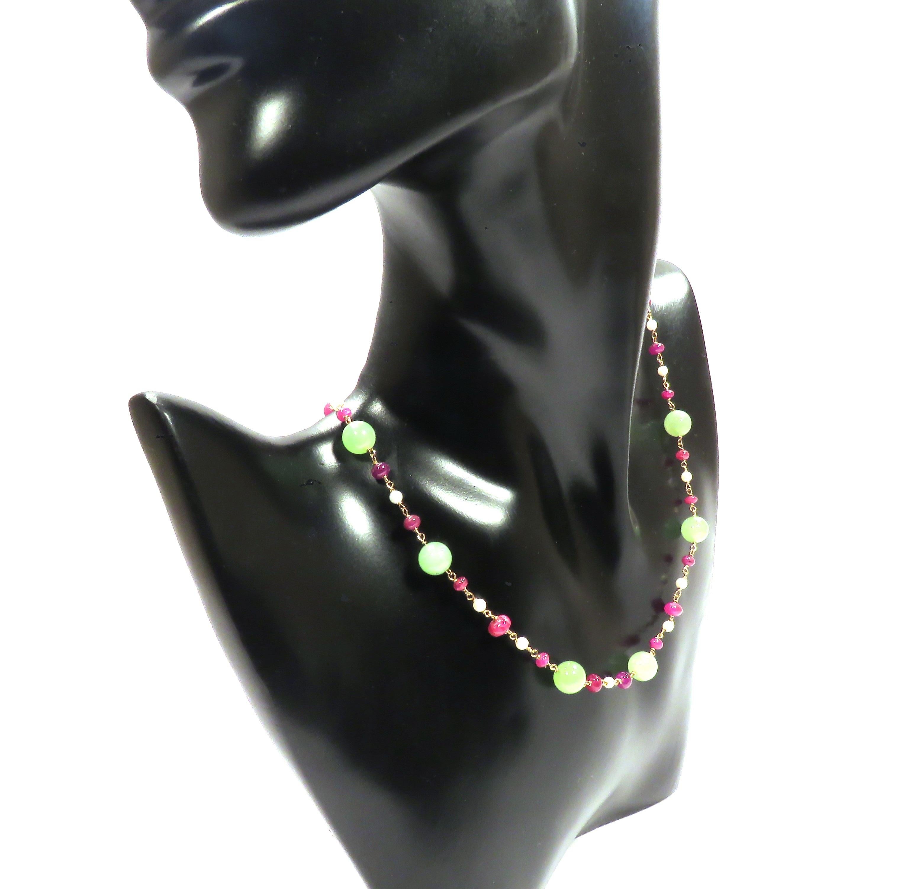 Ball Cut Green Jade Red Rubies White Pearls 9 Karat Rose Gold Choker Necklace Handcrafted For Sale