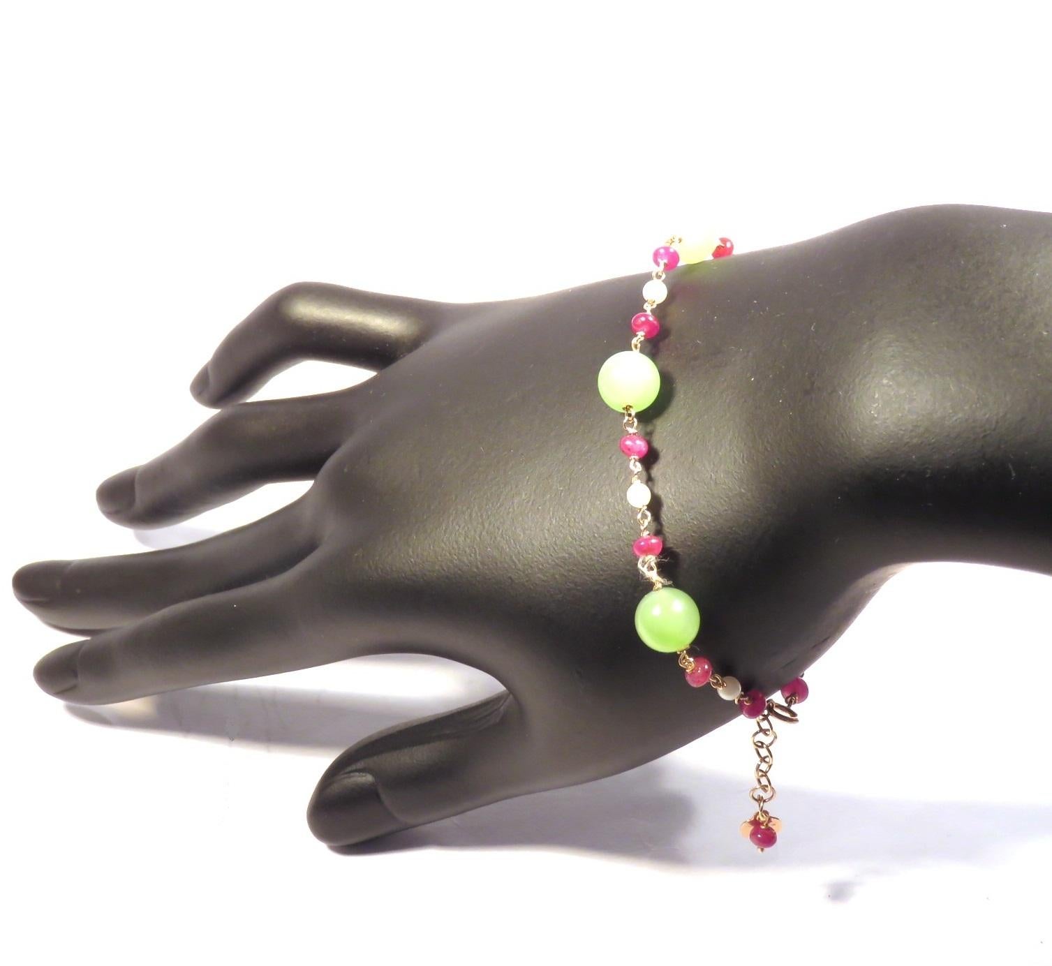 Contemporary Green Jade Red Ruby Freshwater Pearls 9 Karat Rose Gold Bracelet Handcrafted