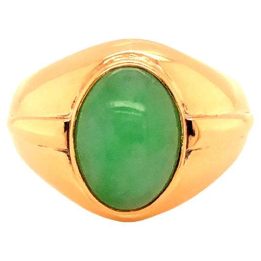 Green Jade Ring with Raised Design Element, 14k Yellow Gold For Sale