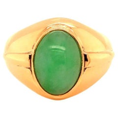 Green Jade Ring with Raised Design Element, 14k Yellow Gold
