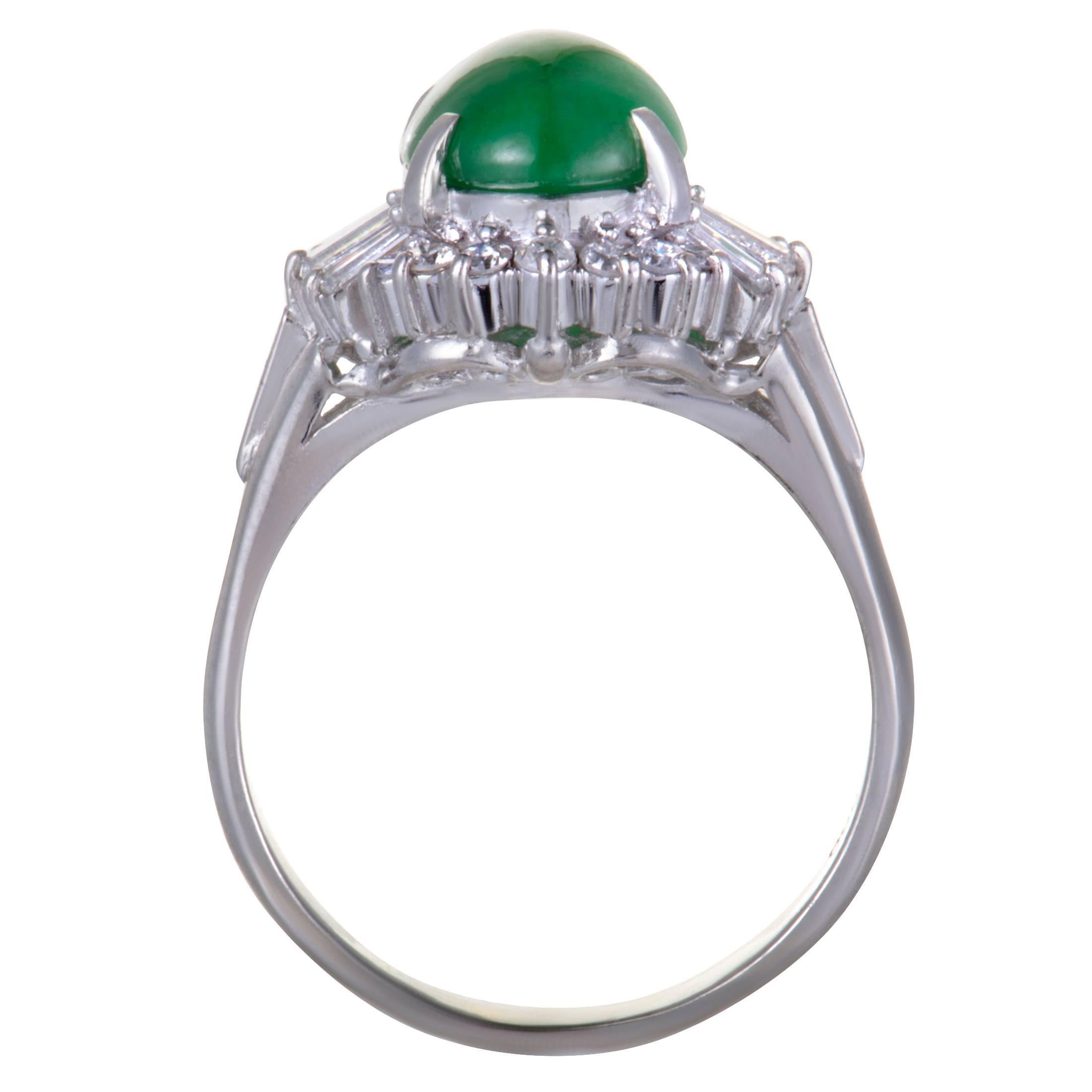 Embellished in 0.50ct diamonds and a magnificent 3.38ct green jade cabochon, this superb ring embodies glamour and splendor. Stunningly crafted in classy platinum, this attractive ring has a spellbinding appeal.
Ring Size: 7.5
Ring Top Dimensions:
