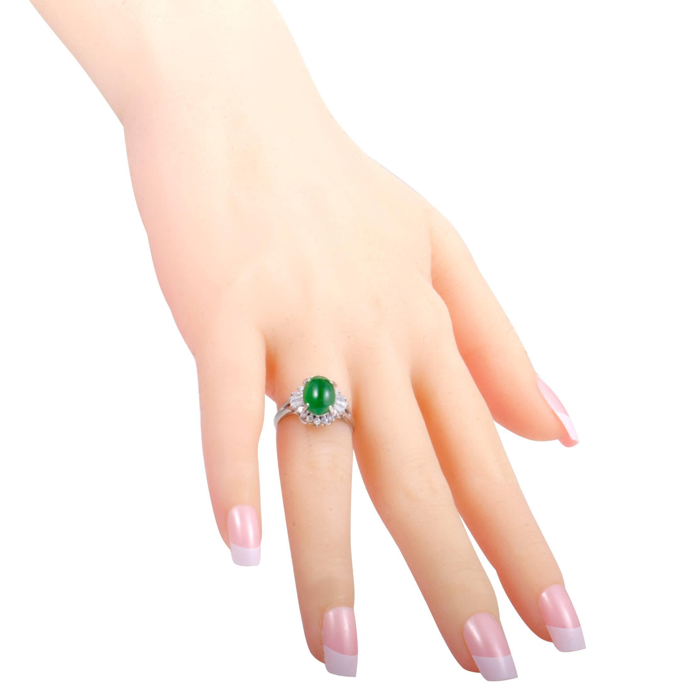 Women's Green Jade Round and Tapered Baguette Diamond Platinum and Ring