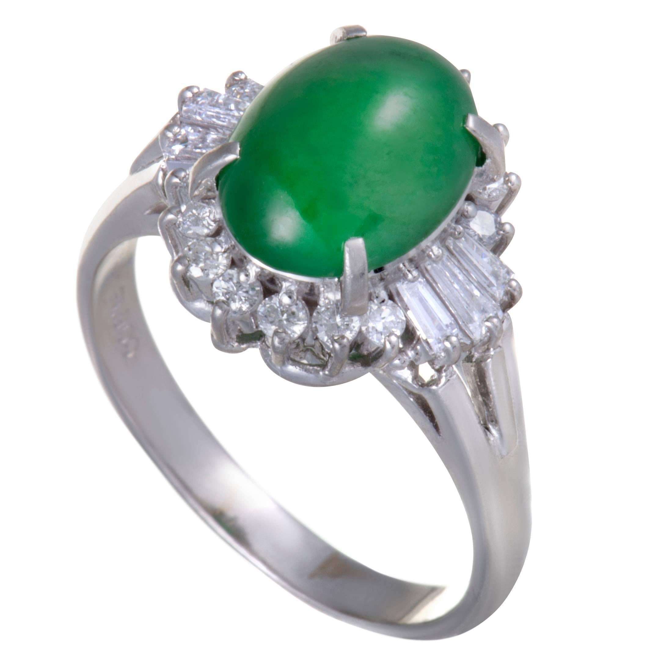 Green Jade Round and Tapered Baguette Diamond Platinum and Ring