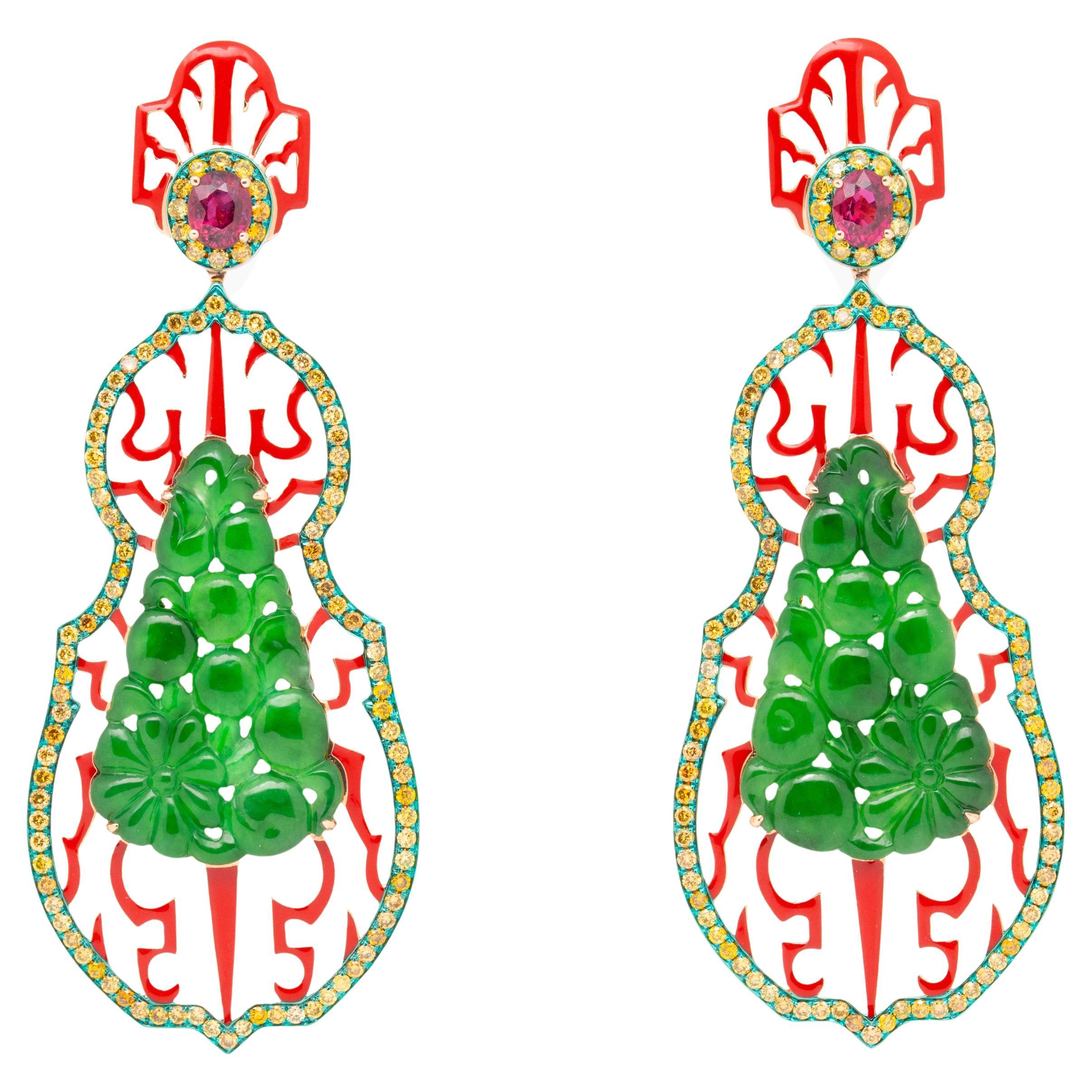 Green Jade & Ruby & Color Diamond Earrings, 18K Rose Gold, Austy Lee For Sale