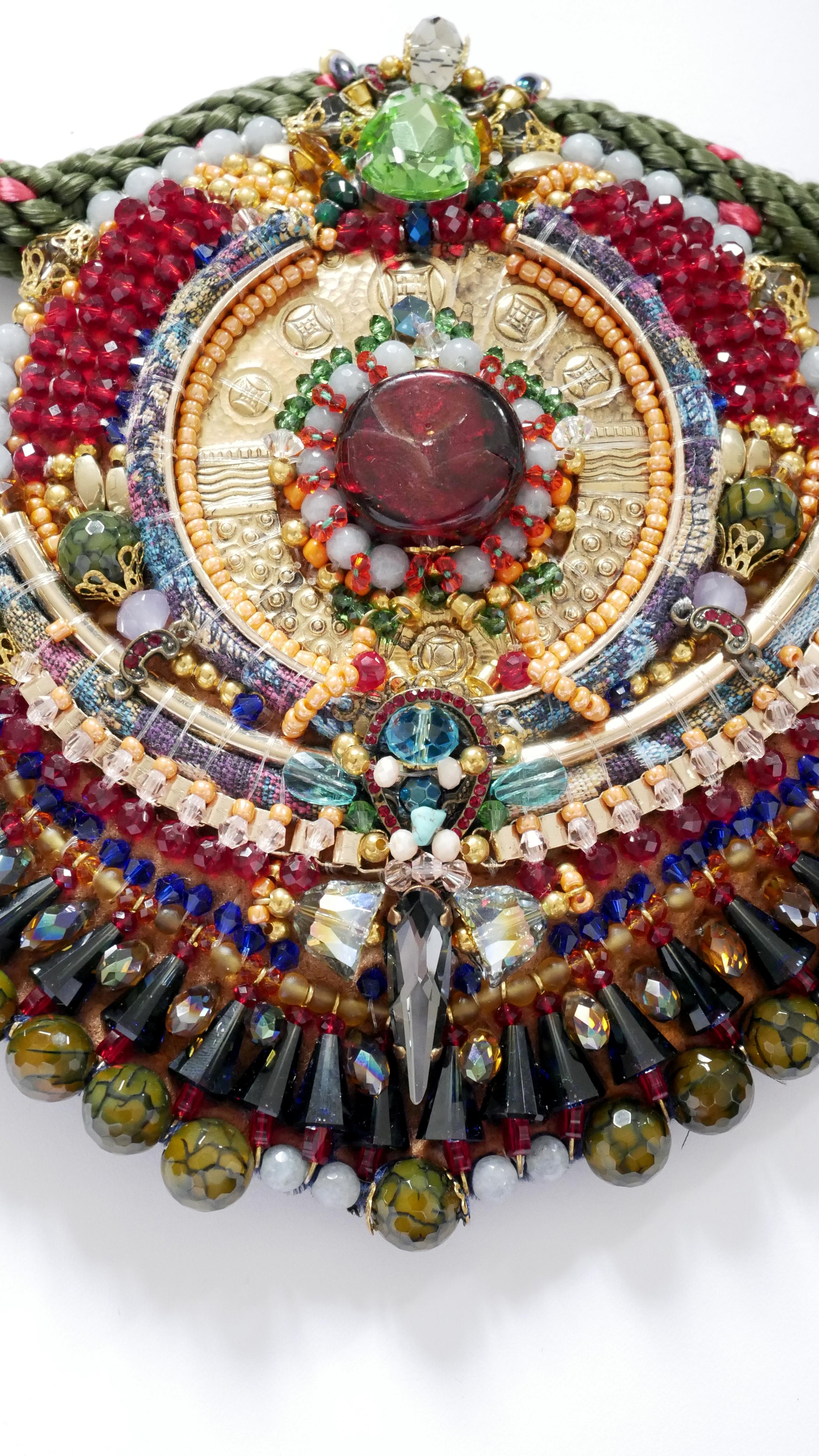 Arts and Crafts Green Jade Swarovski Multi-Beaded Gemstone Brass Disc Embellished Bib Necklace For Sale