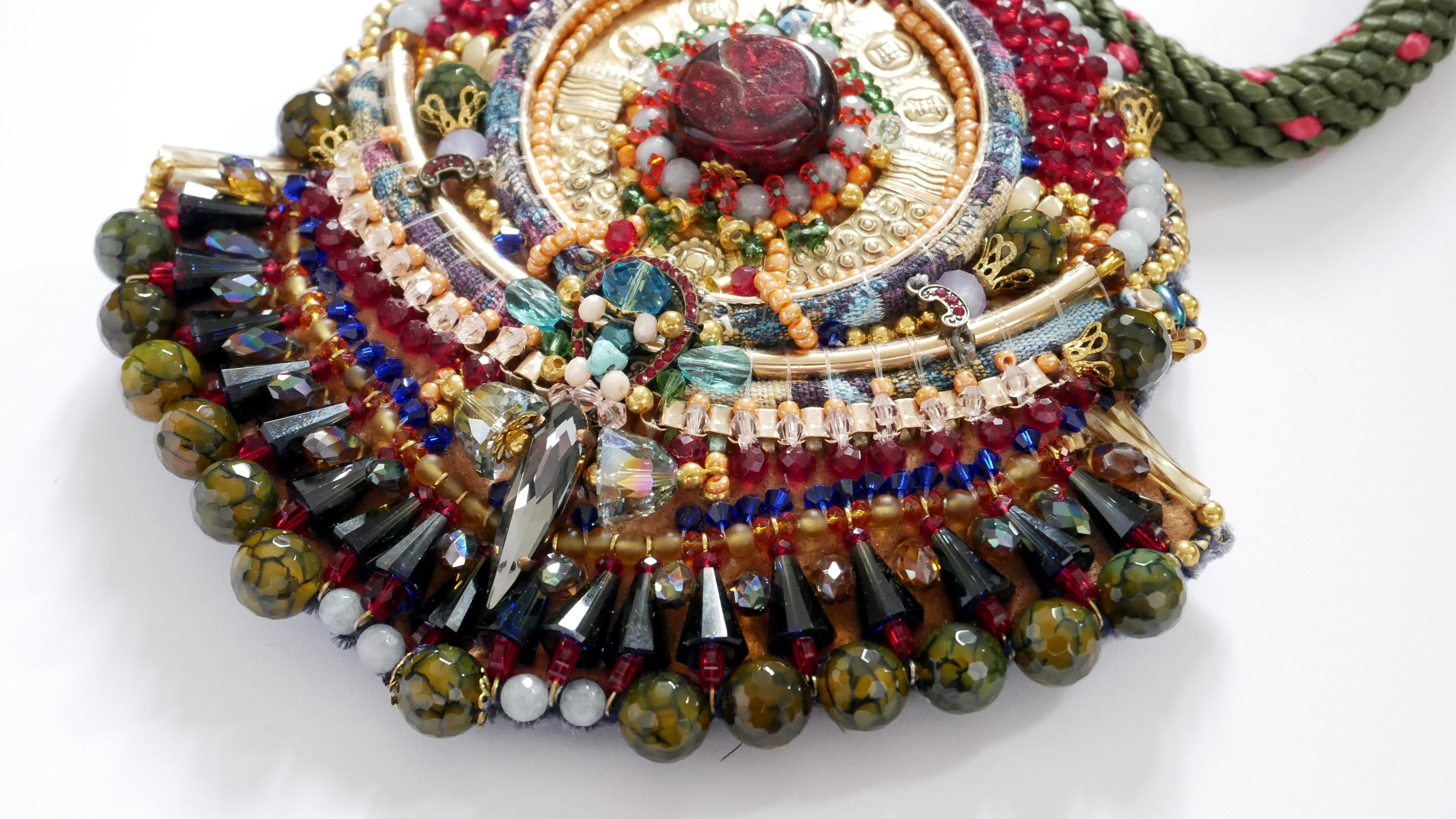 Women's or Men's Green Jade Swarovski Multi-Beaded Gemstone Brass Disc Embellished Bib Necklace For Sale