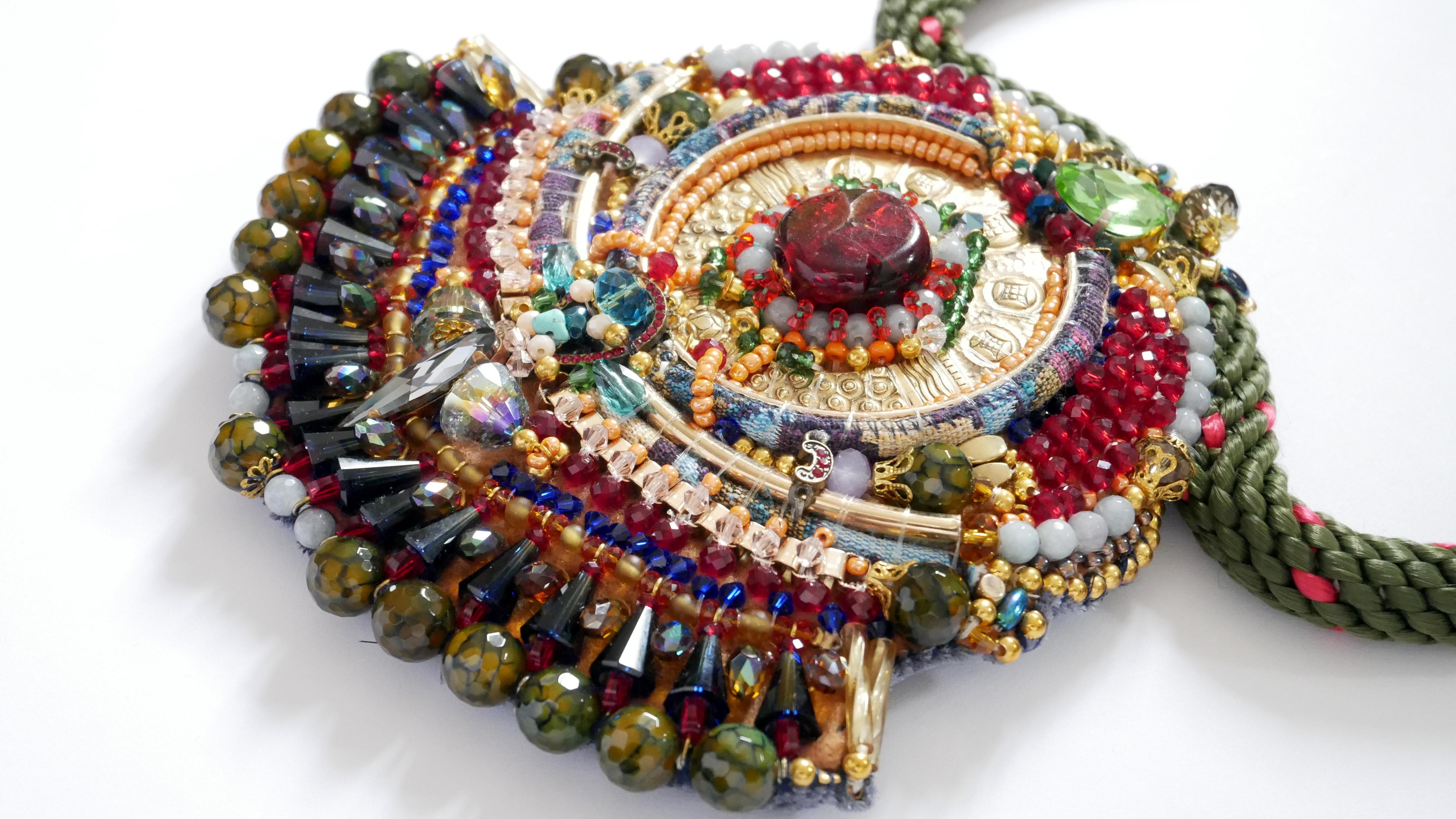 Green Jade Swarovski Multi-Beaded Gemstone Brass Disc Embellished Bib Necklace For Sale 2