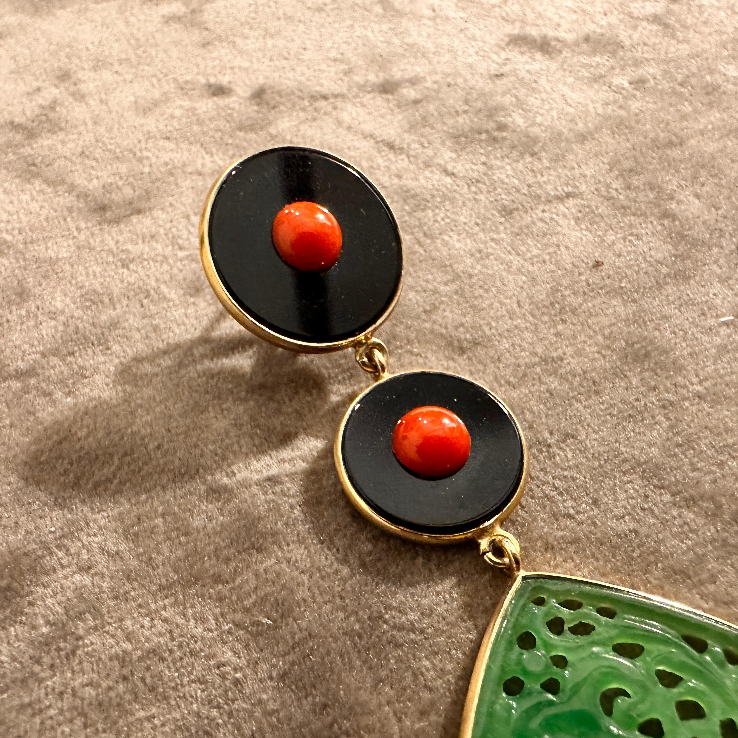 These eye-catching, contemporary earrings by Carola Gioielli are a sophisticated fusion of bold color, intricate detailing, and modern artistry, crafted to make a powerful statement. Designed in the 21st century, these earrings are entirely unworn,