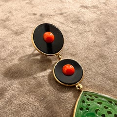 Green Jade Teardrop Earrings with Onyx and Coral Accents by Carola Gioielli