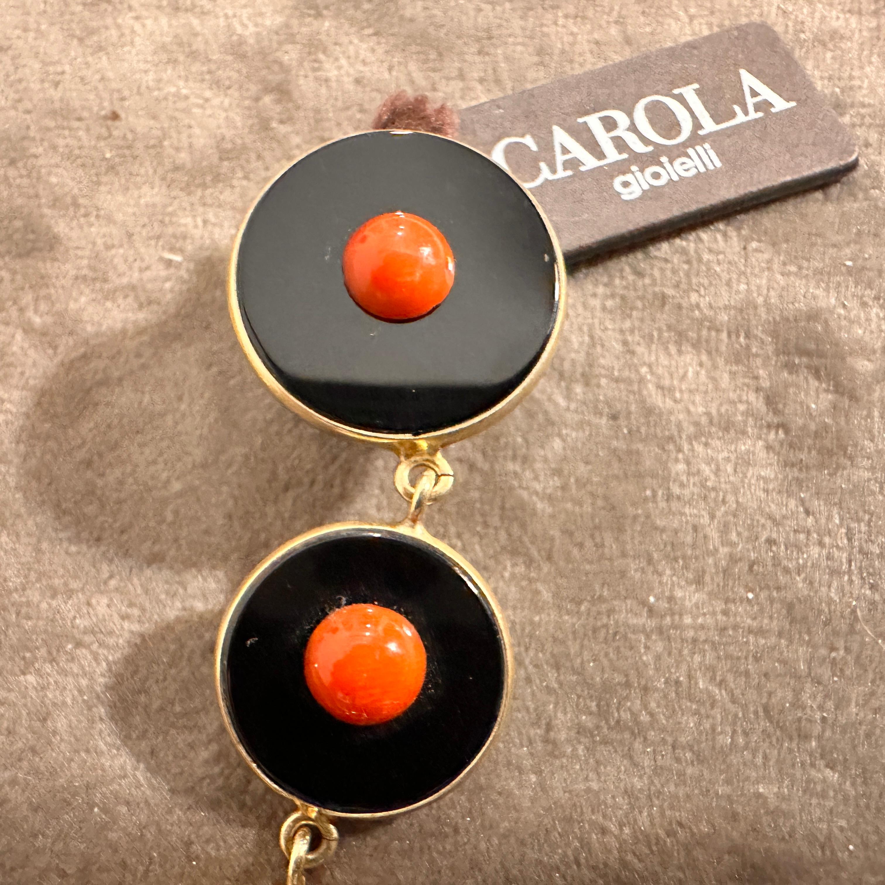 Green Jade Teardrop Earrings with Onyx and Coral Accents by Carola Gioielli In New Condition For Sale In Aci Castello, IT