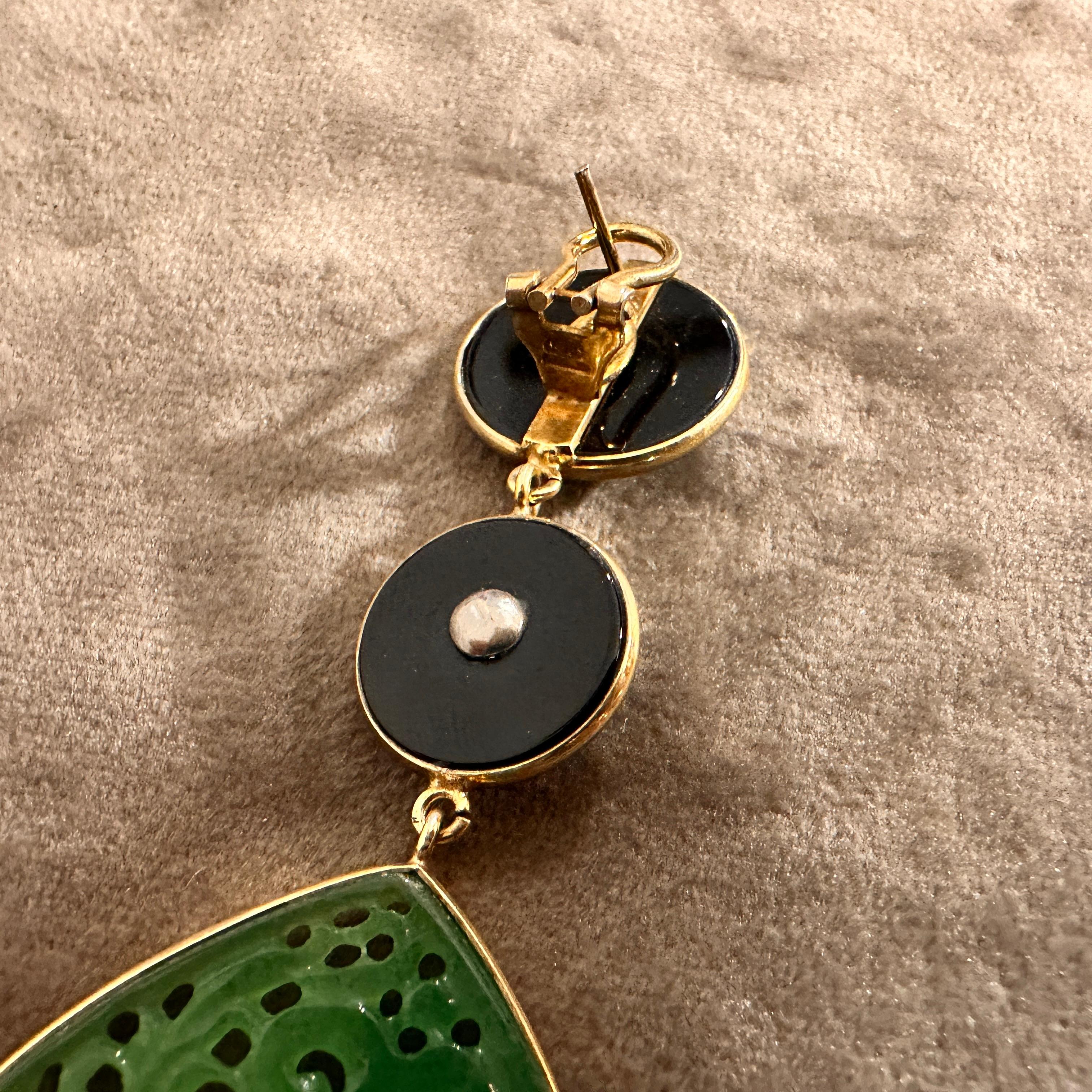 Women's Green Jade Teardrop Earrings with Onyx and Coral Accents by Carola Gioielli For Sale