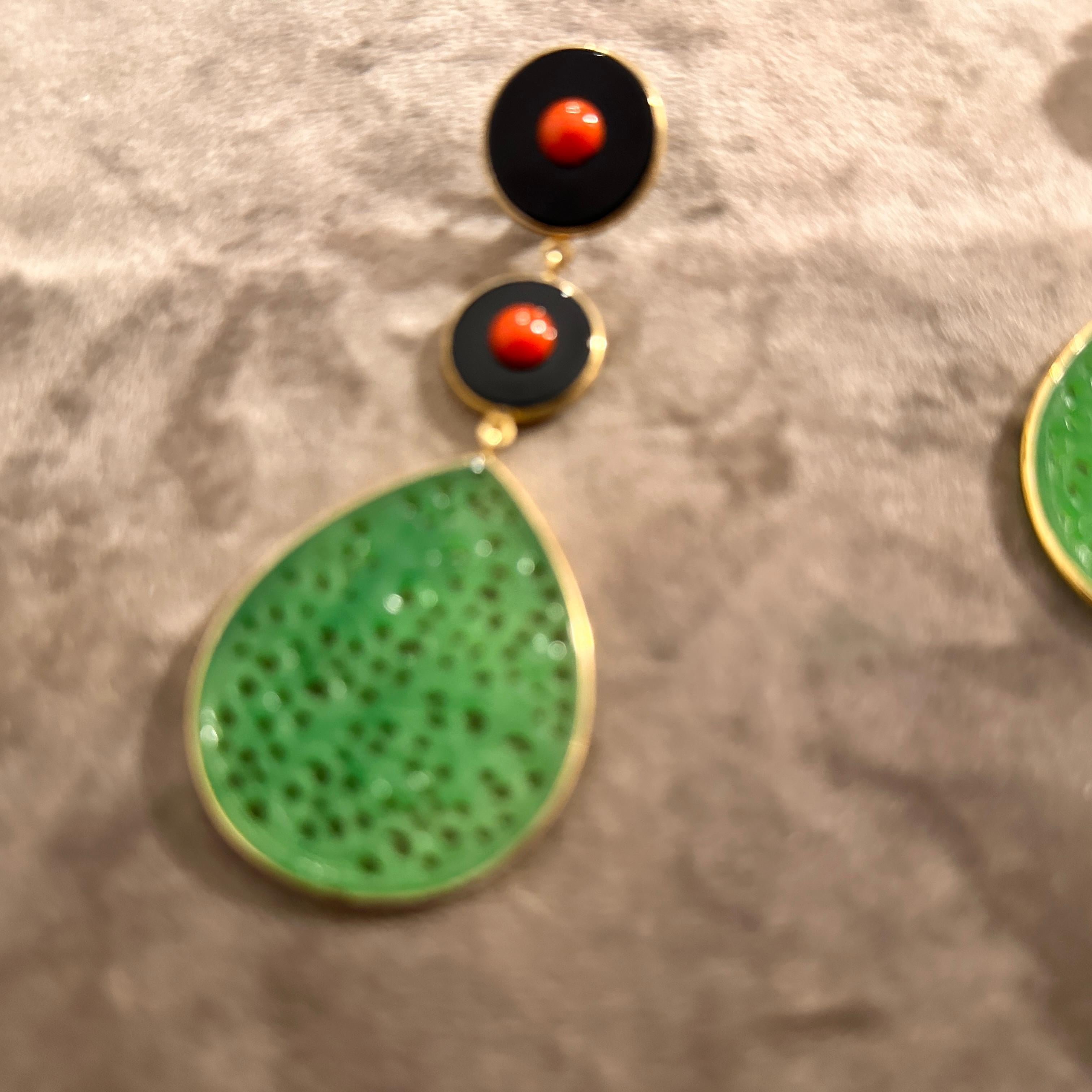 Green Jade Teardrop Earrings with Onyx and Coral Accents by Carola Gioielli For Sale 1