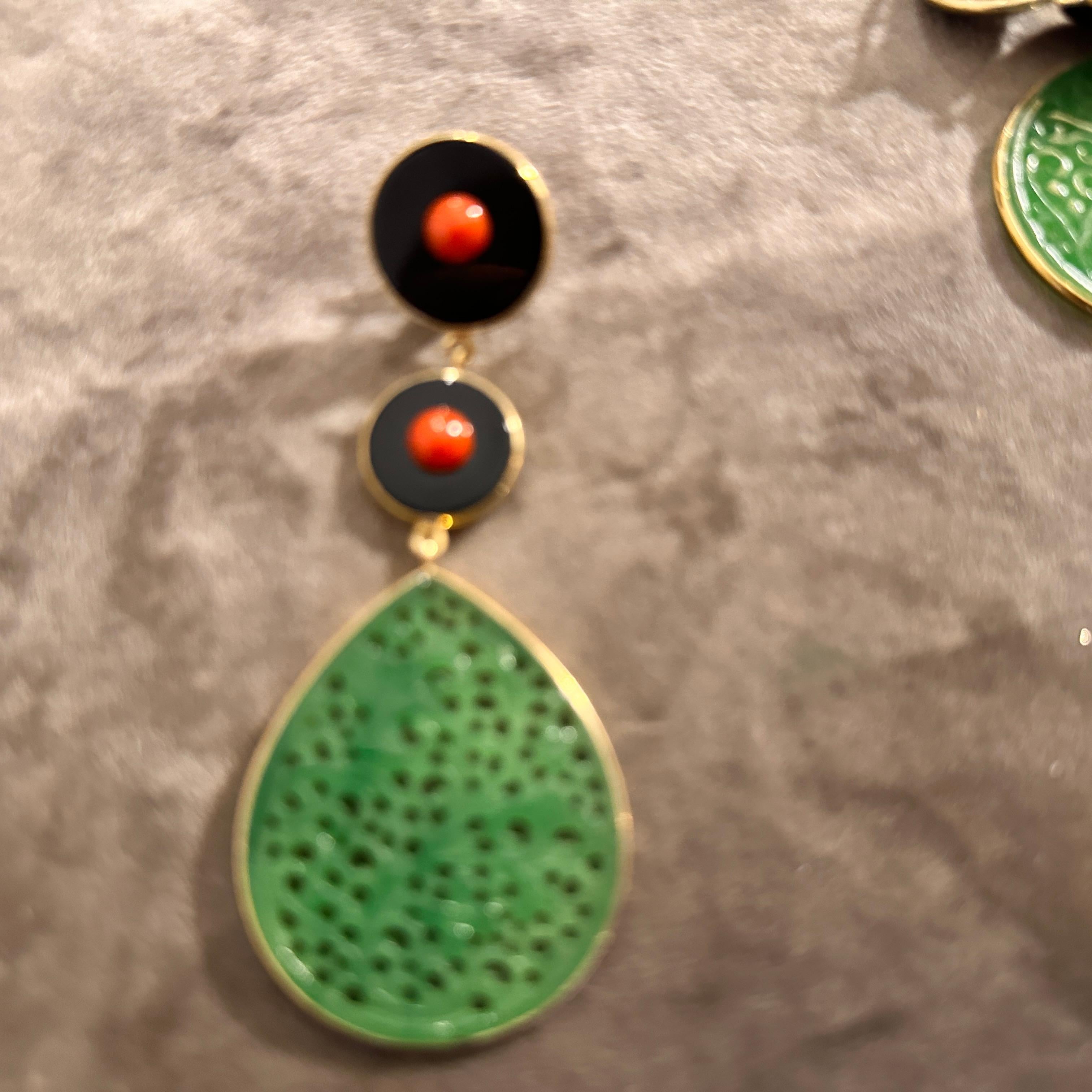 Green Jade Teardrop Earrings with Onyx and Coral Accents by Carola Gioielli For Sale 2