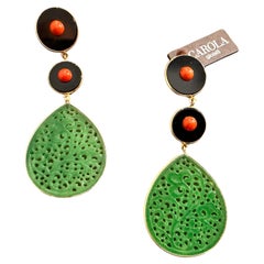 Green Jade Teardrop Earrings with Onyx and Coral Accents by Carola Gioielli