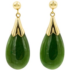 Green Jade Teardrop Pear Shaped Yellow Gold Dangling Earrings