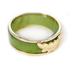 Contemporary 14k Yellow Gold and Green Jade Two-Part Ring, Size 8