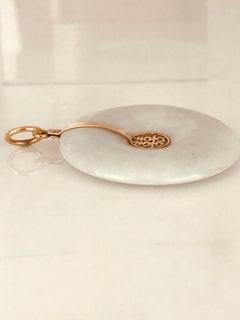 Green Jade, Chinese Pendant, Concave with Symbols in 14 Karat Gold, Midcentury