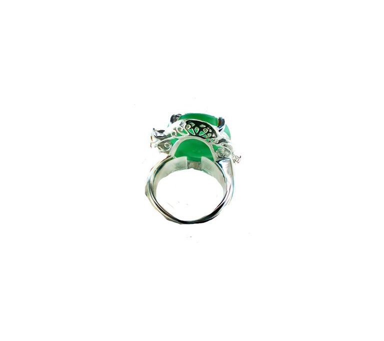 Oval Cut 15 Ct. Jadeite and Diamond Ballerina Ring 14 Karat White Gold For Sale