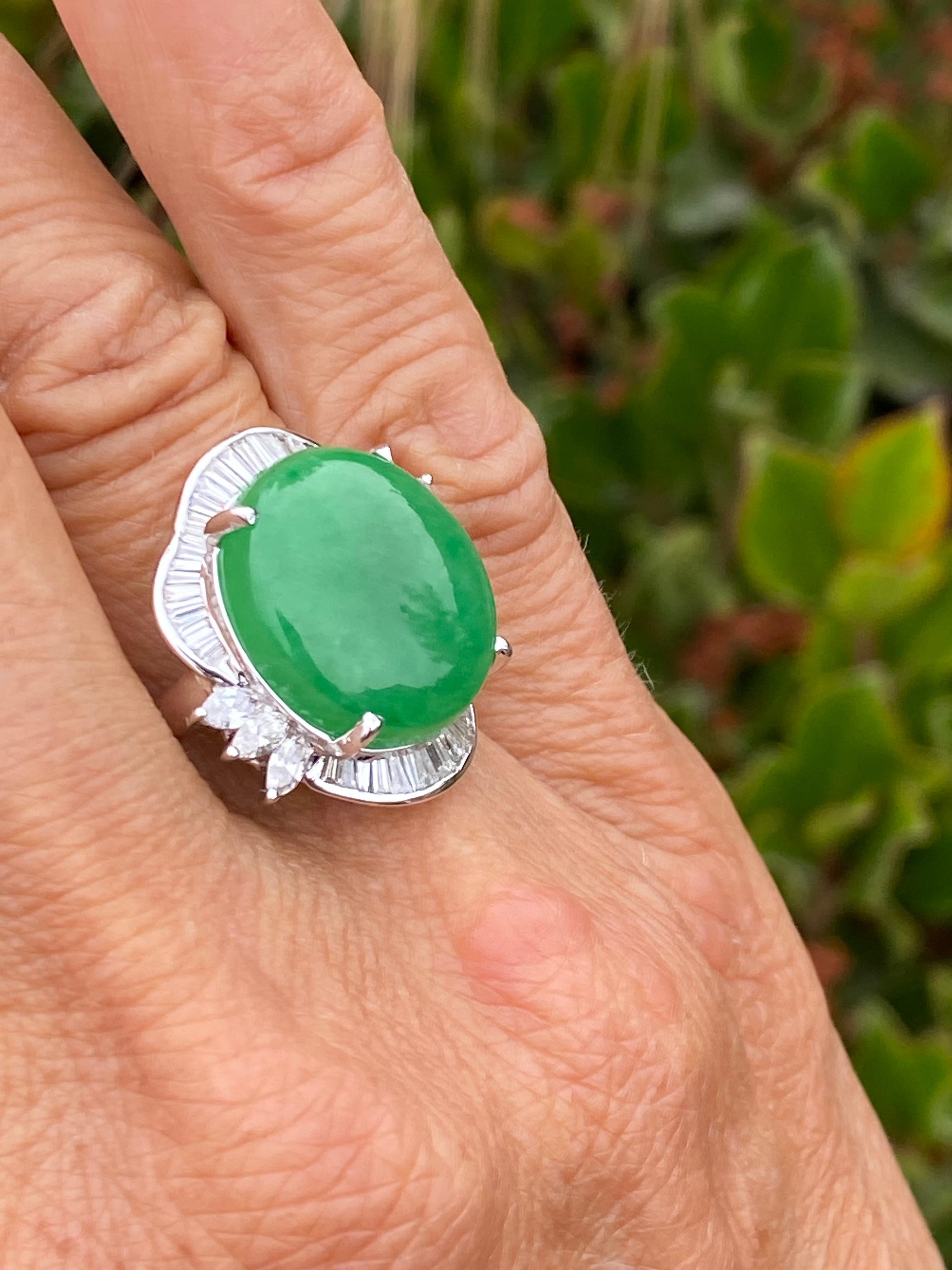 15 Ct. Jadeite and Diamond Ballerina Ring 14 Karat White Gold In Excellent Condition In Laguna Hills, CA