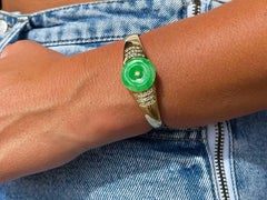 Green Jadeite Jade and Diamond Hinged Bangle Bracelet in 18k Yellow Gold