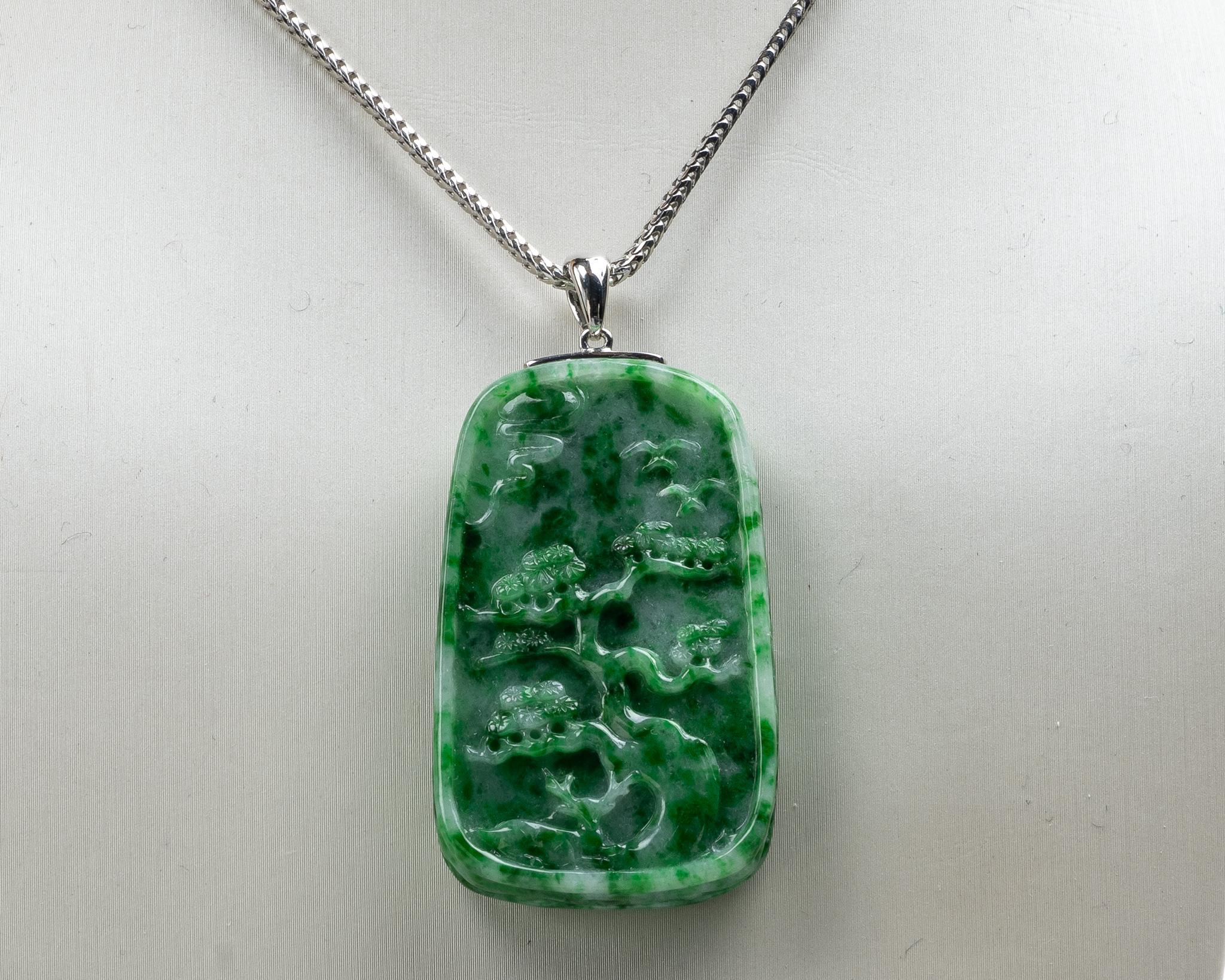 Rough Cut Green Jadeite Jade Bamboo/Bonsai Tree Pendant, Certified Untreated For Sale