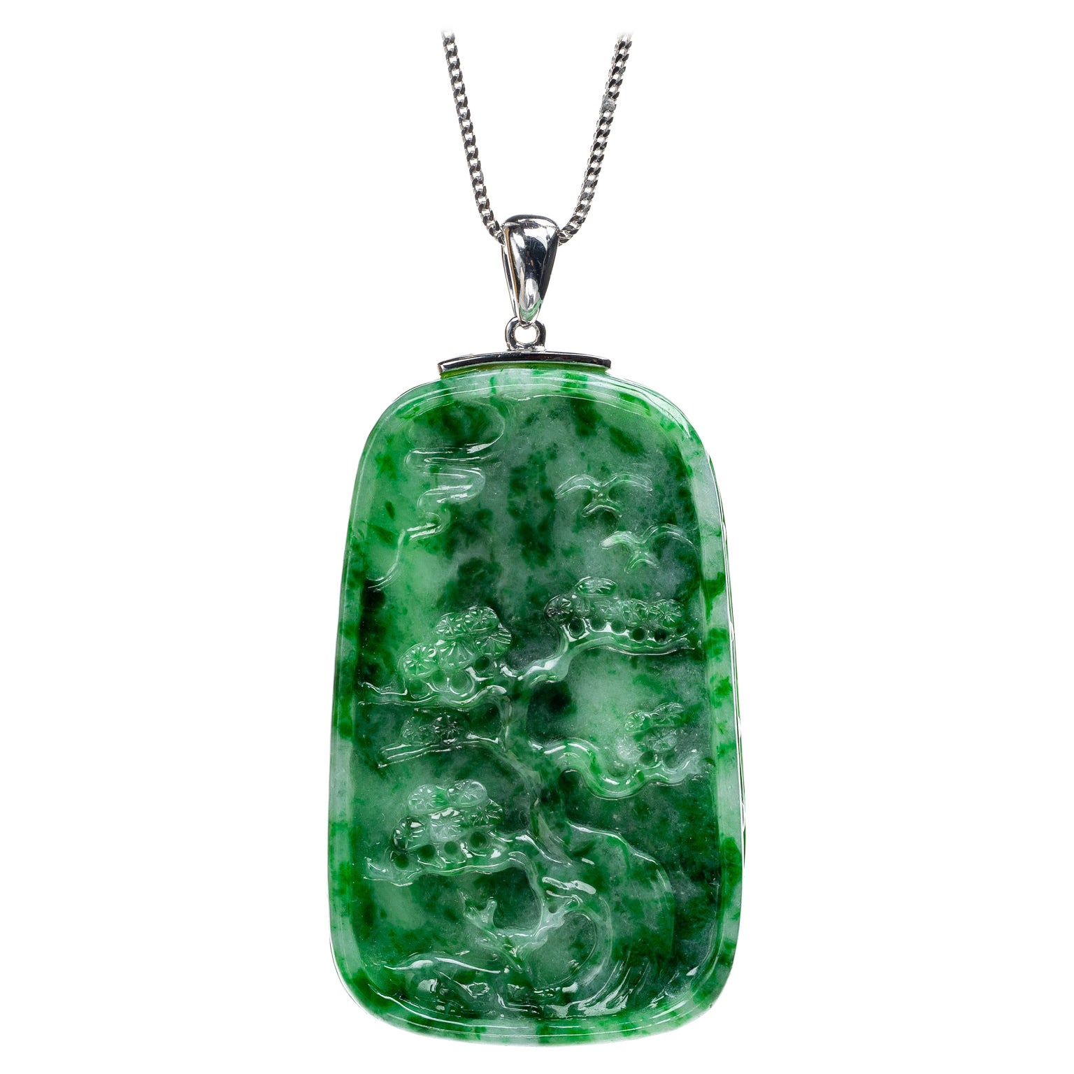 Green Jadeite Jade Bamboo/Bonsai Tree Pendant, Certified Untreated