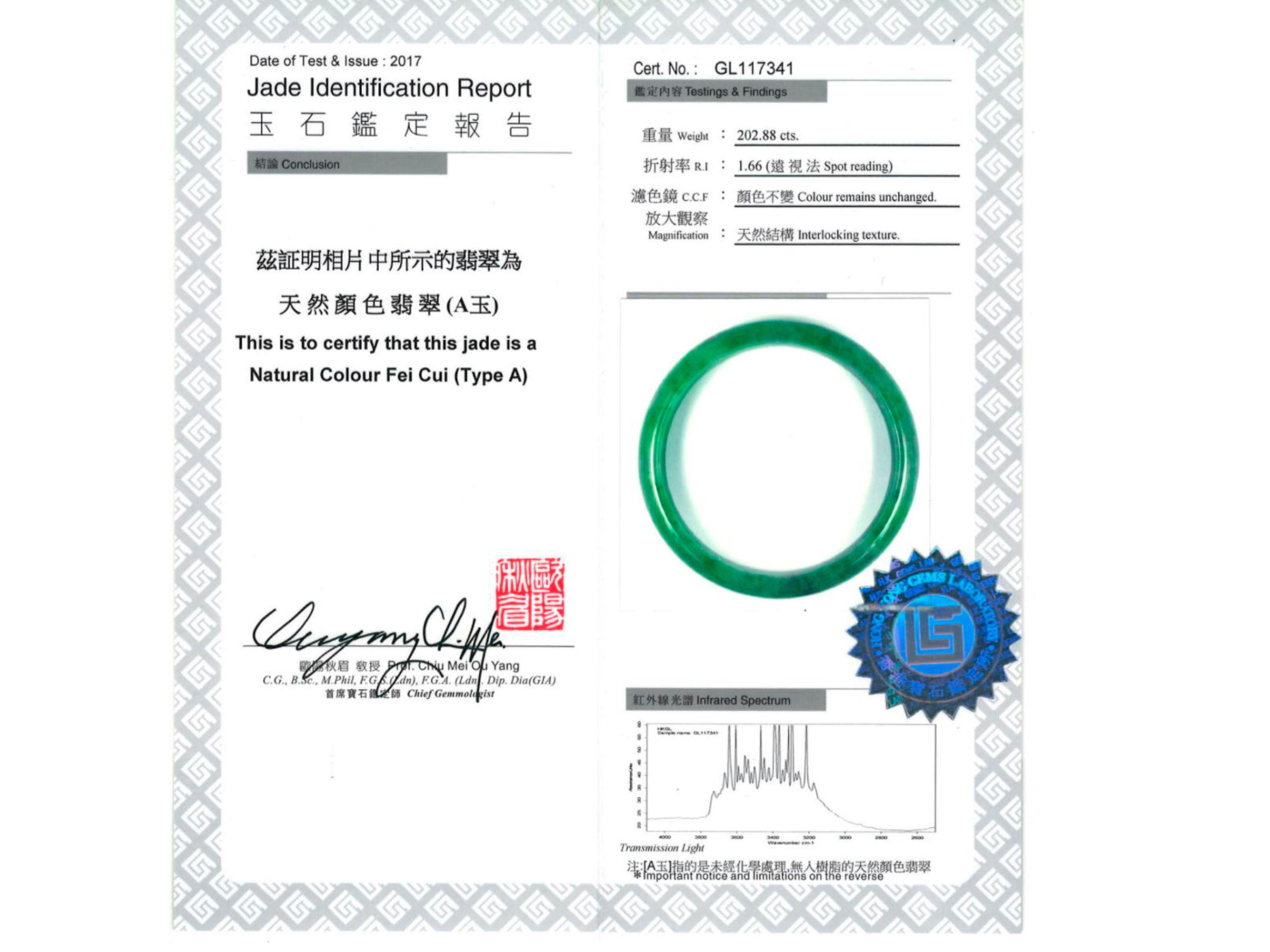 Women's or Men's Green Jadeite Jade Bangle, Certified Untreated