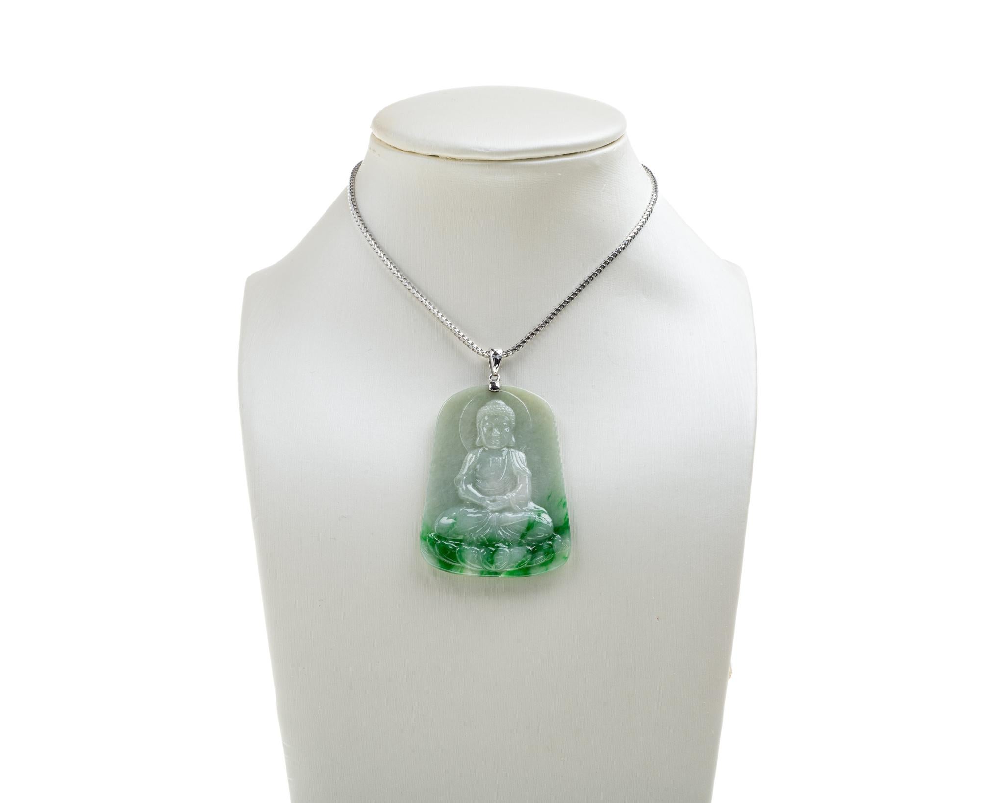 Contemporary Green Jadeite Jade Buddha and Diamond Pendant, Certified Untreated For Sale