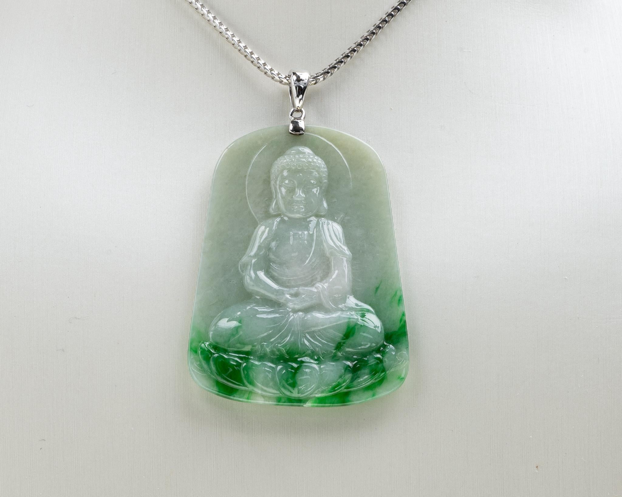 Rough Cut Green Jadeite Jade Buddha and Diamond Pendant, Certified Untreated For Sale